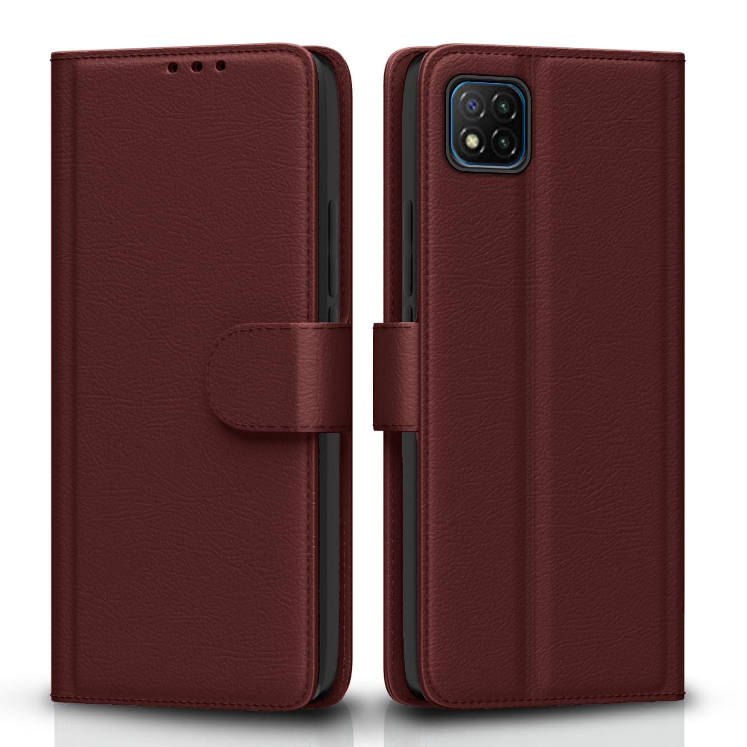 Pikkme Poco C3 Flip Case Leather Finish | Inside TPU with Card Pockets | Wallet Stand and Shock Proof | Magnetic Closing | Complete Protection Flip Cover for Poco C3 (Brown)