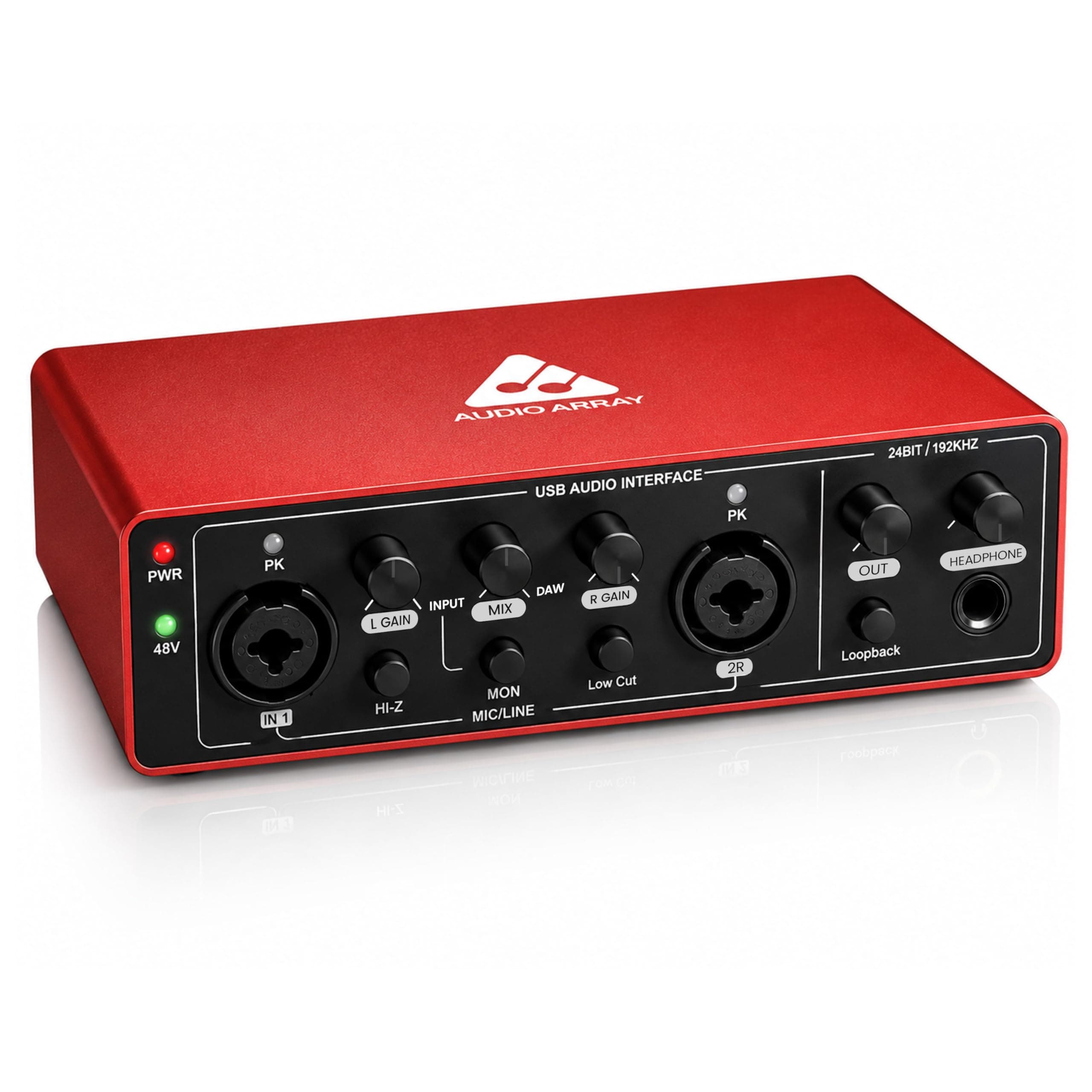 Audio Array AI-04 HD 2 in 3 Out Gen 3 Audio Interface | 3 Yr Warranty | Premium Mic Pre-Amps | +48V | 24bit/192kHz Hi-Fi Recording | XLR/MIC/LINE inputs | Plug & Play-No Drivers | Metal Body | Red