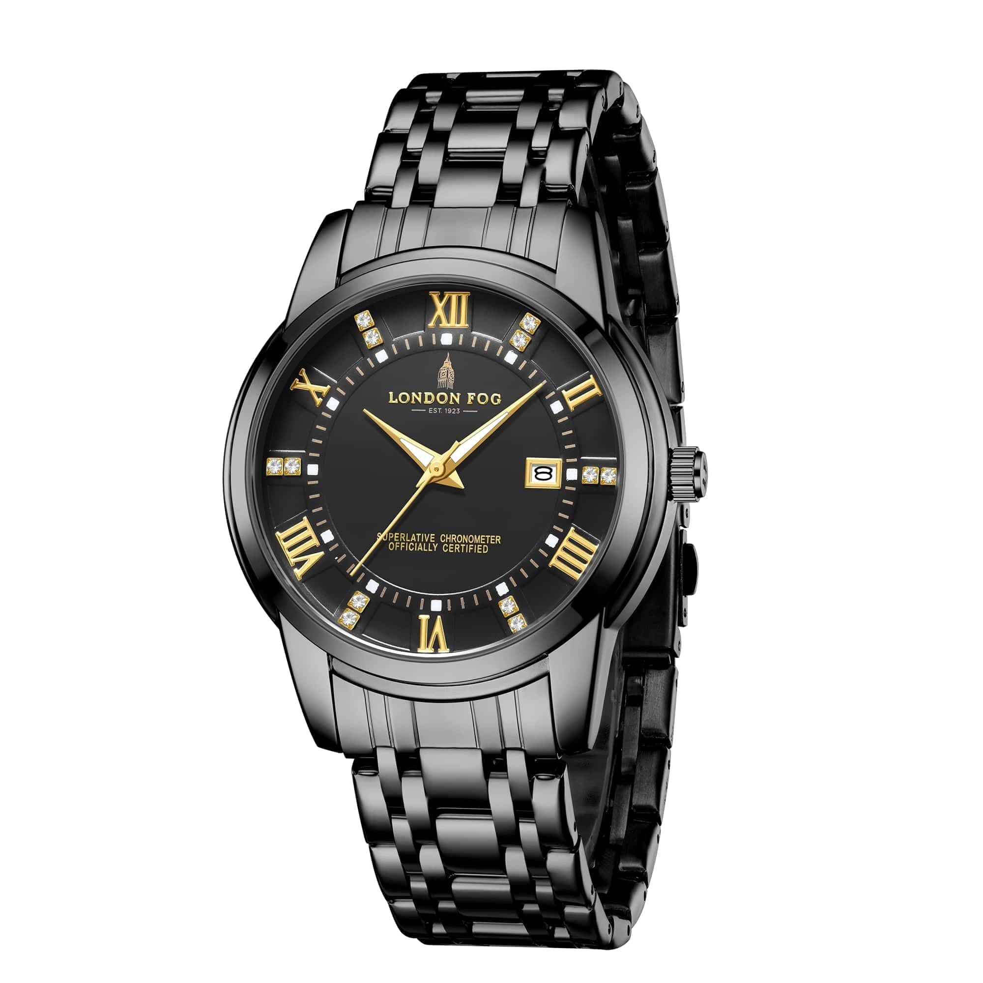 London Fog Regent Collection Analog Quartz Watch for Men with Black Dial and Black Stainless Steel Strap, Metal Case, Date Display, Luminous Hands & Hour Markers, Water Resistant