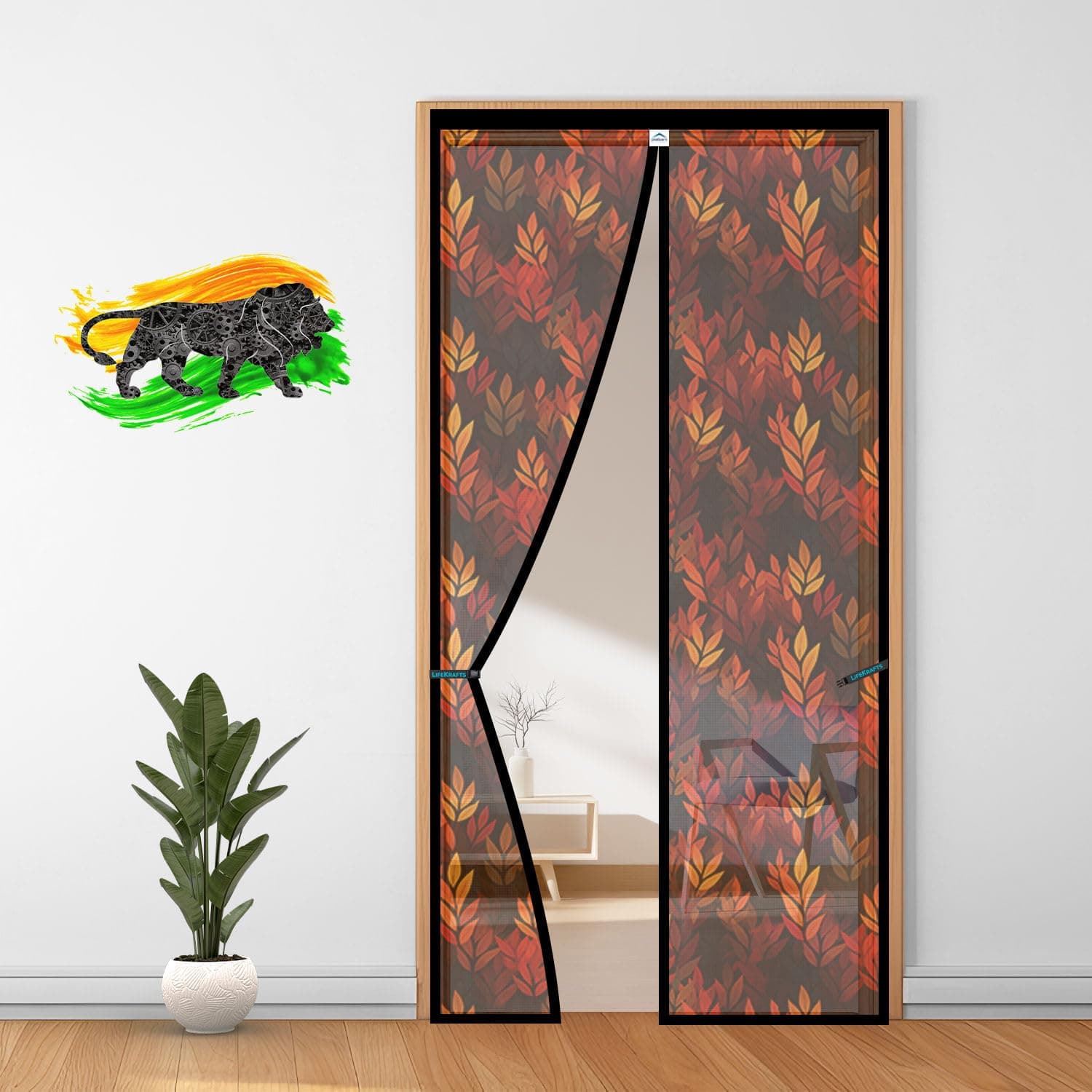 LifeKrafts Polyester Magnetic Door Mosquito Net | Leaf Pattern with Black/Blue | Auto-Close Curtain to Keep Mosquitoes, Flies & Insects Out |Fits 195 x 70 cm Doors