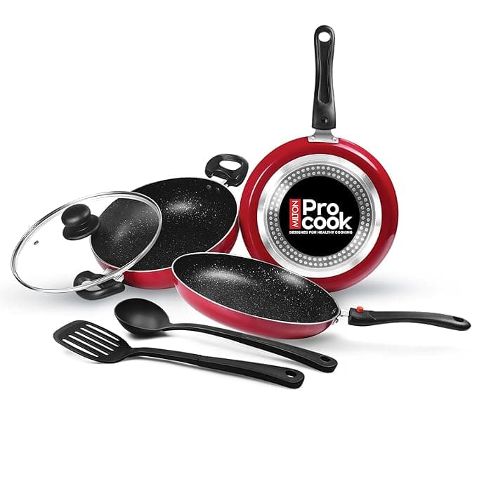 Milton Pro Cook Induction Cookware & Gas Stove Friendly Kitchen Jewel Set | 5 Pc Non-Stick Cookware Set | Kadhai with Lid, Fry Pan, Tawa, Laddle & Spatula | Durable 5-Layer Non Stick Coating | Maroon