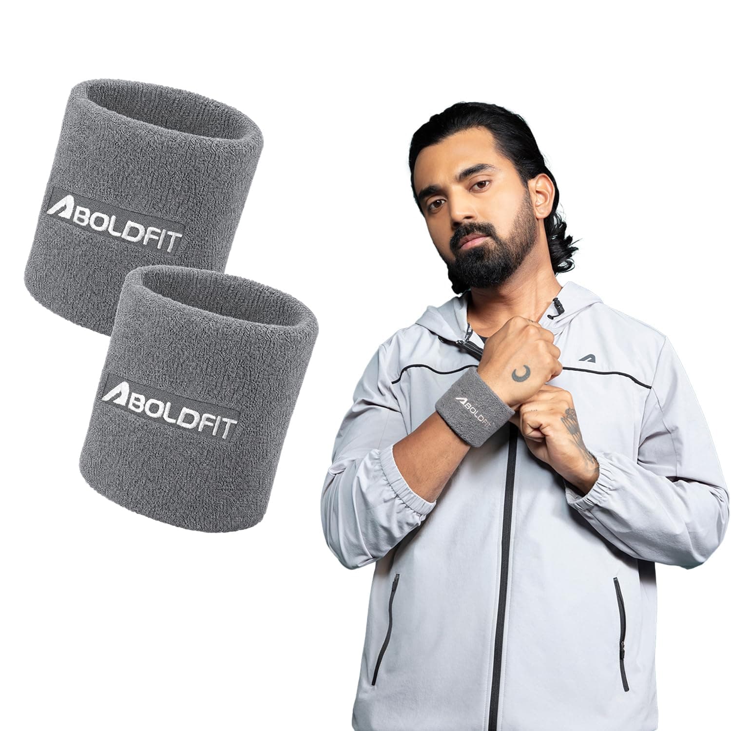 Boldfit Cotton Wrist Band for Men & Women 3 Inch - Wrist Sweat Band for Badminton Football, Basketball, Running & Athletic Sports, Sweat Absorbent Wrist Bands, Grey- Pack of 2
