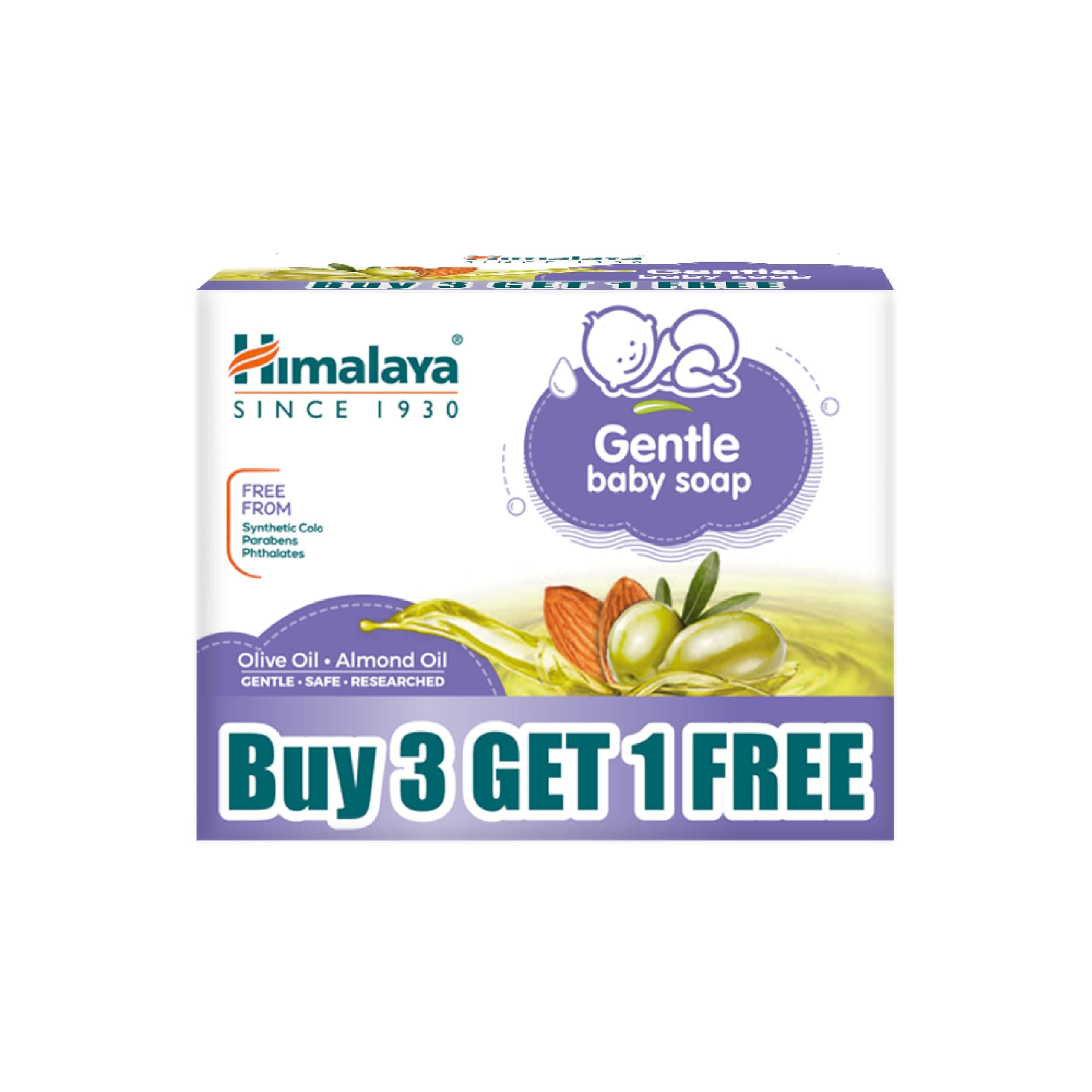 Himalaya Gentle Baby Soap for Newborns | No Post Bath Dryness | B3G1 FREE - 125g | Gentle Cleansing With Phyto-Oil Complex of 100% Natural Oils of Almond & Olive| No. 1 Doctor Recommended Brand