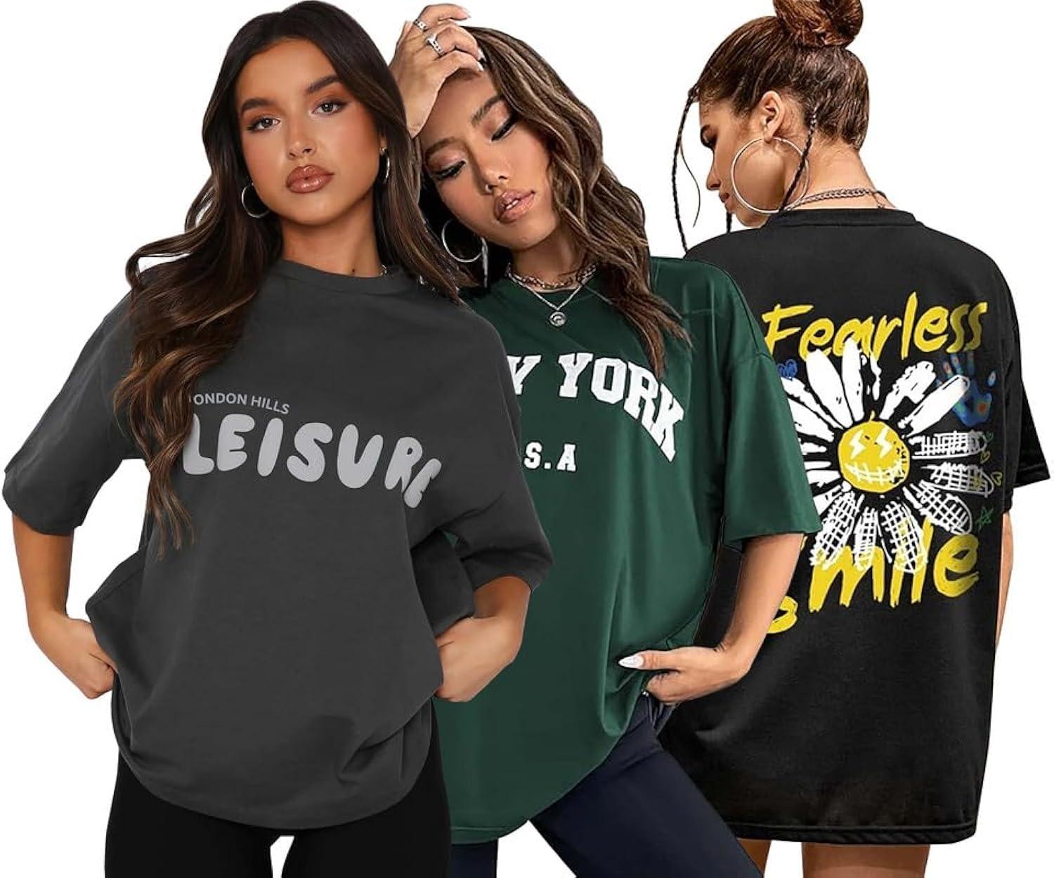 London Hills Cotton Blend Half Sleeve Women Oversized T-Shirts Multicolor Pack Of 3 Dark Grey, Dark Green, Black