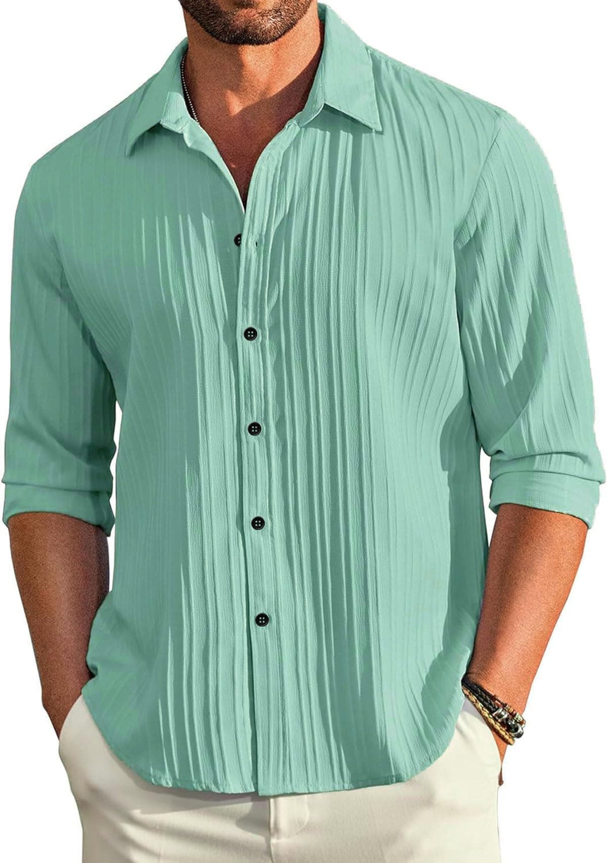 DEELMO Men's Casual Button Down Shirts Long Sleeve Linen Shirt Fashion Textured Beach Summer Shirt (in, Alpha, L, Regular, SEA Green)