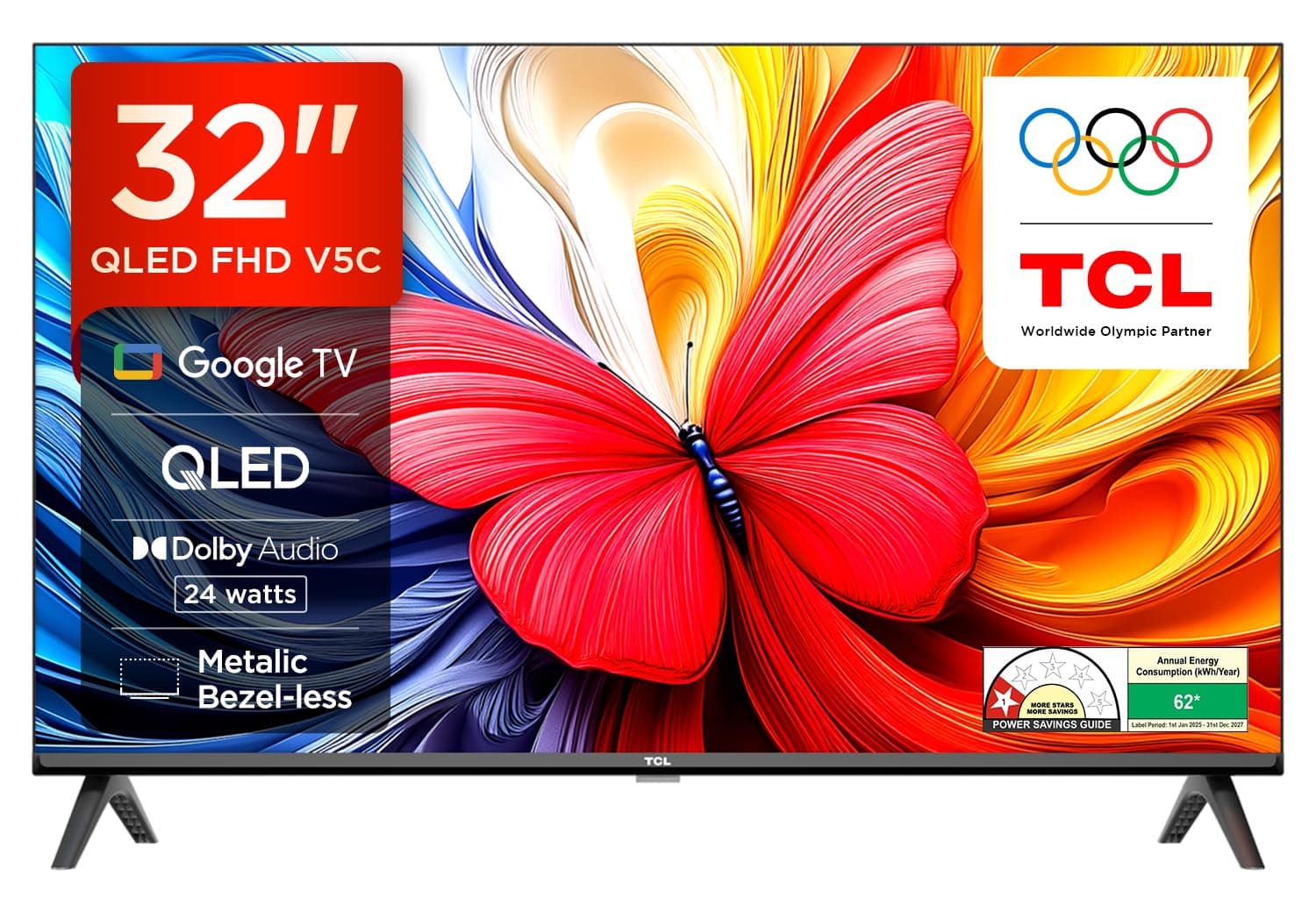 TCL 80 cms (32 inches) Full HD Smart QLED Google TV | Dolby Audio 24 watts | Ai Clarity | Metallic Bezel-Less | Multiple Viewing Mode | 32V5C