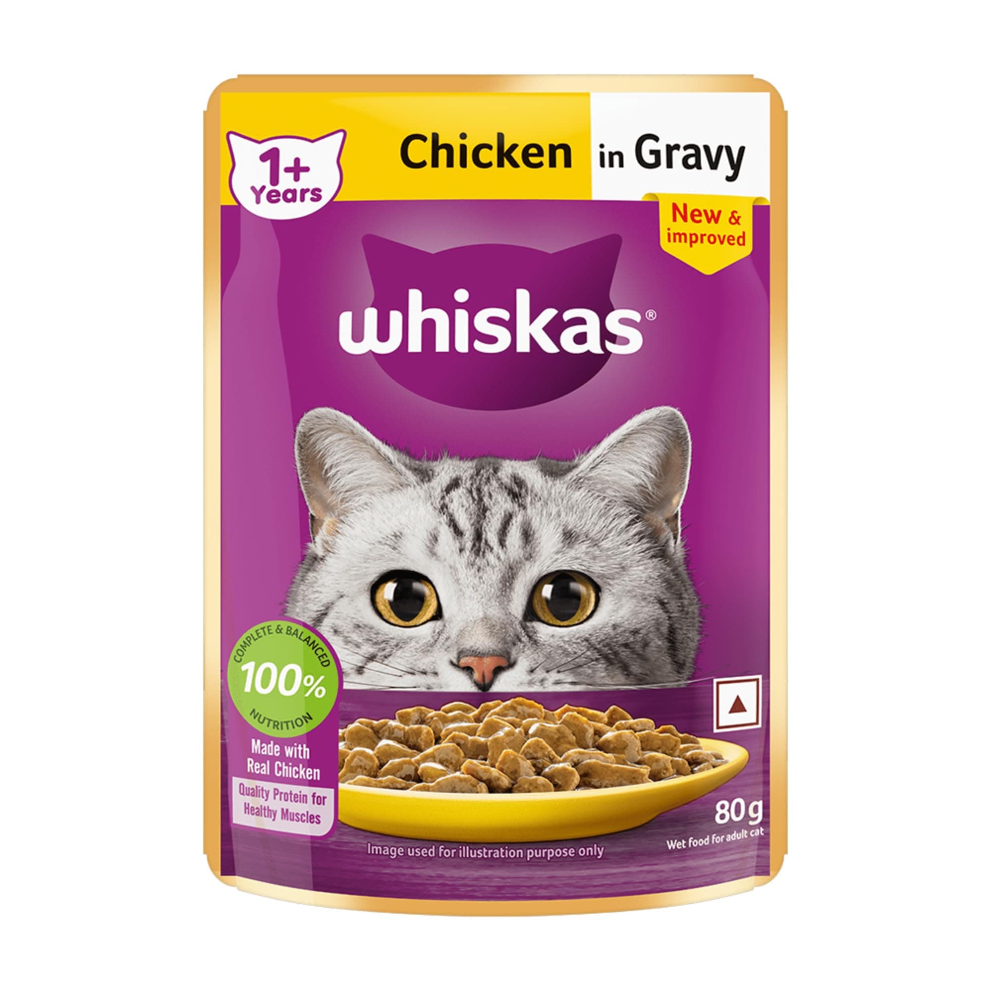 Whiskas Wet Cat Food for Adult Cats (1+Years), Chicken in Gravy Flavour, 80g