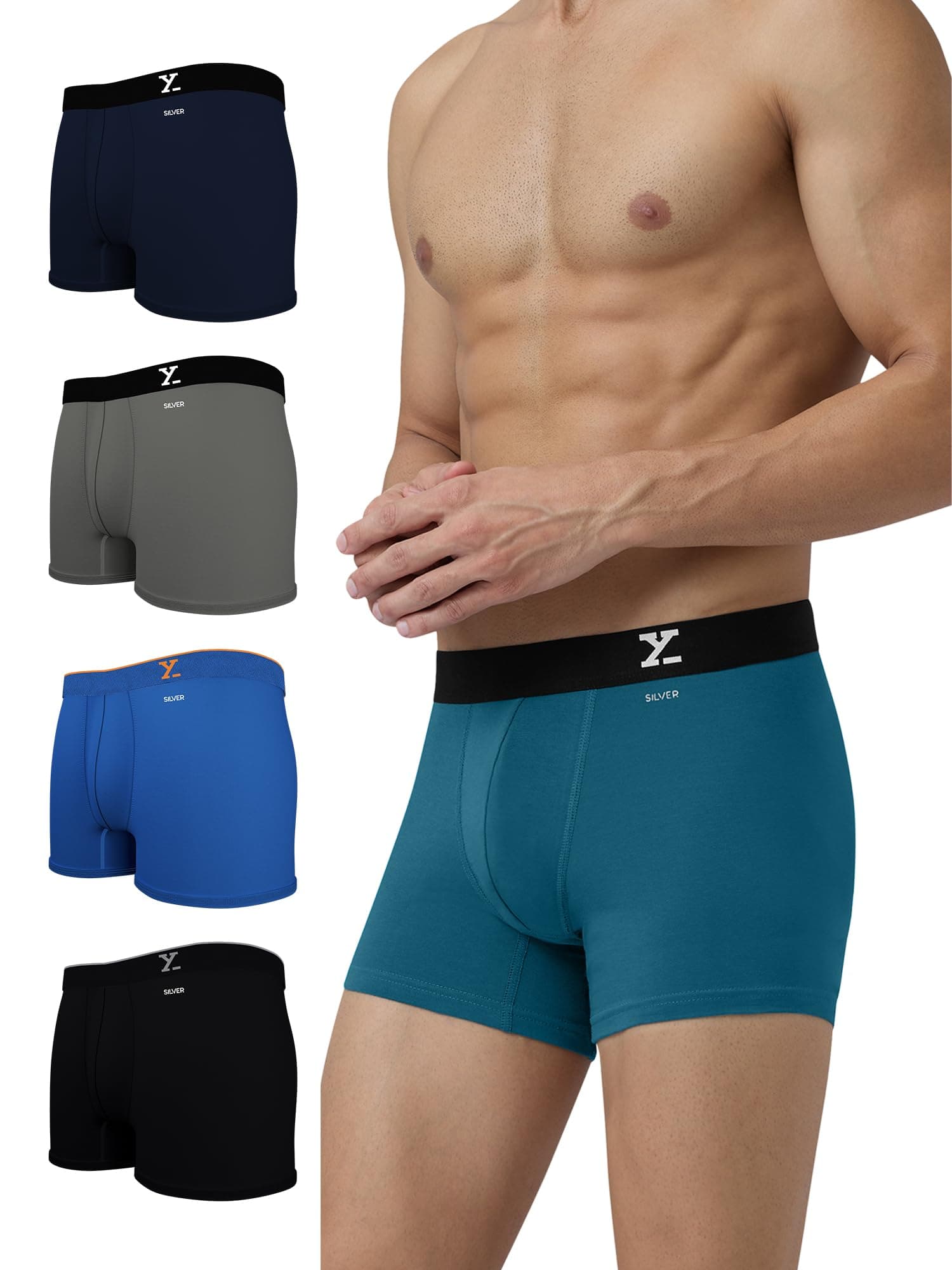 XYXX Men Cotton Modal Trunk, Regular Fit, Solid, Pack of 5, XYTRNK5PCKN583L, Ash Grey+Midnight Blue+Green Emerald+Horizon Blue+Black Knight, L
