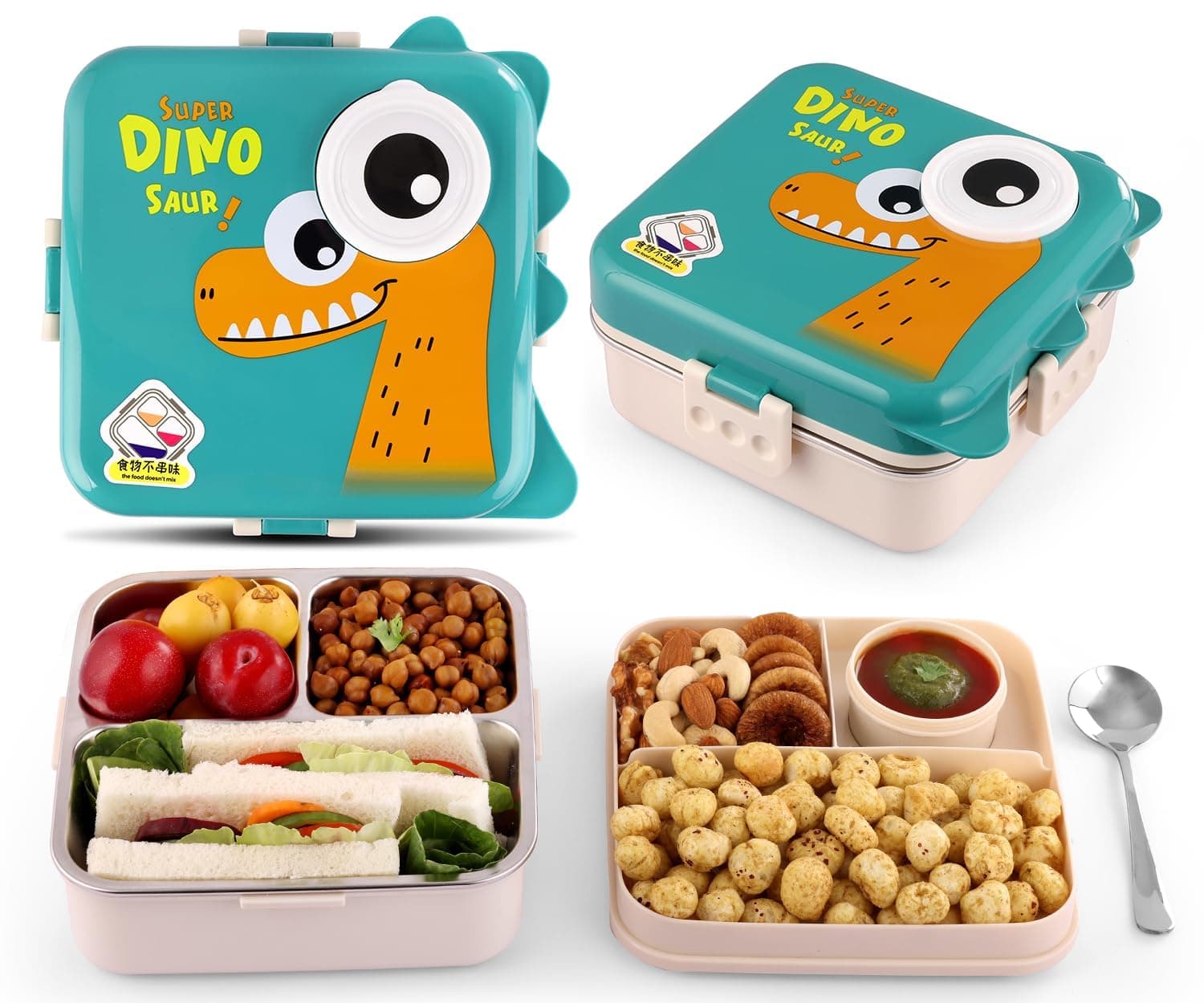 MEDALLIX 3-Compartment Stainless Steel Lunch Box – Insulated, Leak-Proof & BPA-Free Bento Box with Tray, Spoon & Container for School, Office, Travel – 1120ml + 70ml, Green