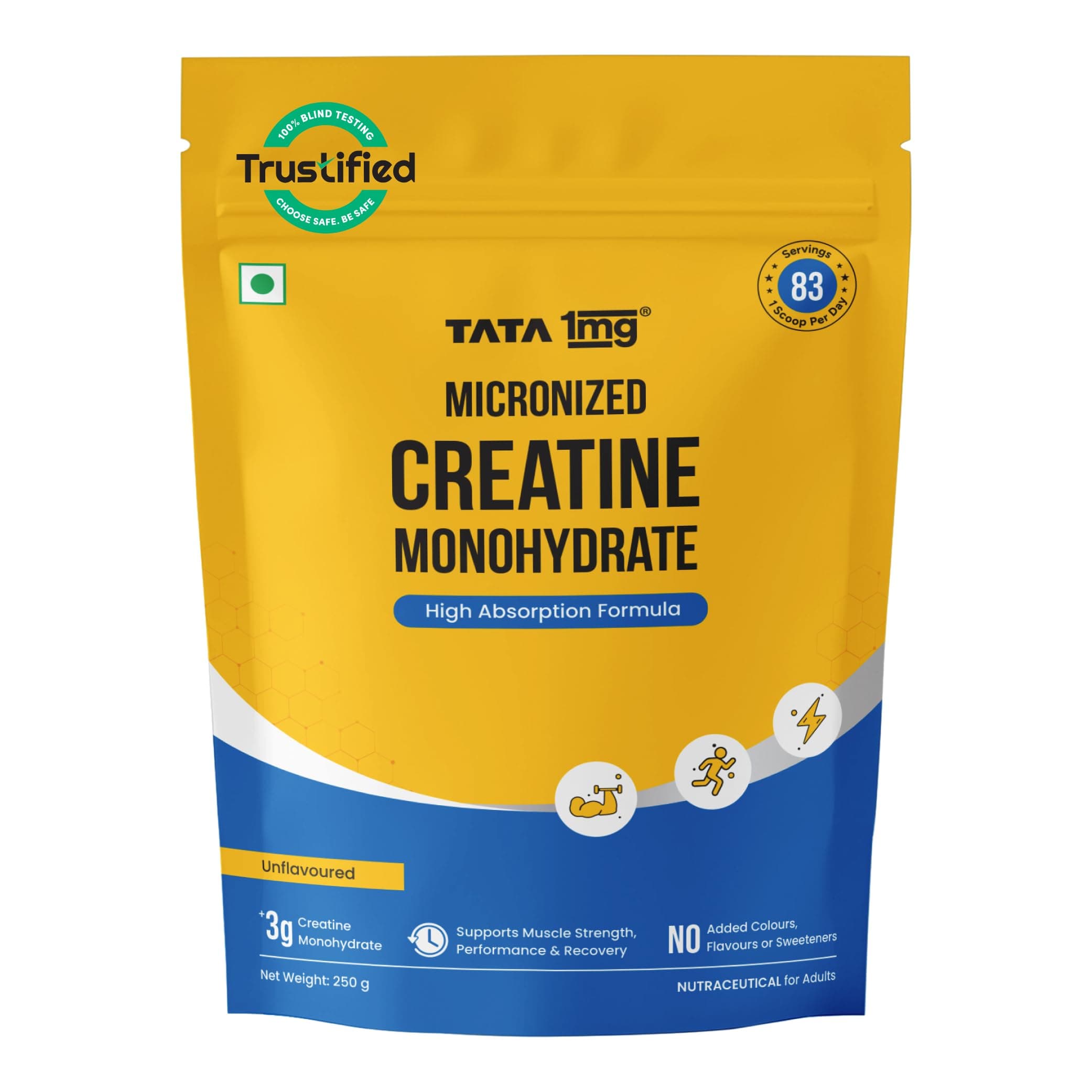 TATA 1MG Creatine Monohydrate| Each Batch tested DCT& DHT Safe | Zero Calories | Boosts Strength, Power & Recovery | Fast Absorption | Unflavoured,250gm