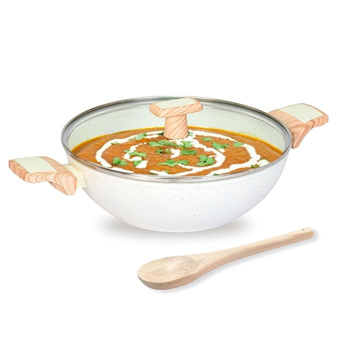 Kreme Ceracook Ceramic Coated Granite Kadai 3.2L/26cm with Glass Lid, Deep Frying Kadhai, ISI Certified, Forged Aluminium, Gas & Induction Use, Non Toxic PFAS & PTFE Free, 1 Yr Warranty, Ivory