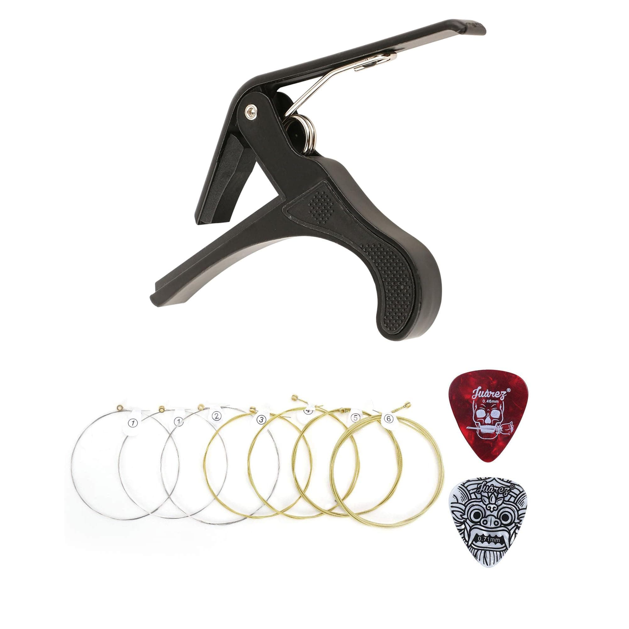Juârez One-Handed Trigger Capo Combo with Extra Light Copper Wound Acoustic Guitar Strings (0.010–0.048, 7 Strings), Bright Tone, Includes 2 Picks – For All Acoustic Guitars