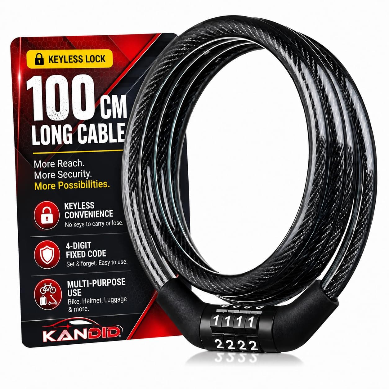 Kandid Multi-Purpose πππ¬πππ¦π¦ Helmet Lock for Mens Bike Cycle | Extra Long 8mm Thick | 4 Digit Combination Lock Without Key Tension Free Bicycle Number & Cable Lock Stainless Heavy Duty
