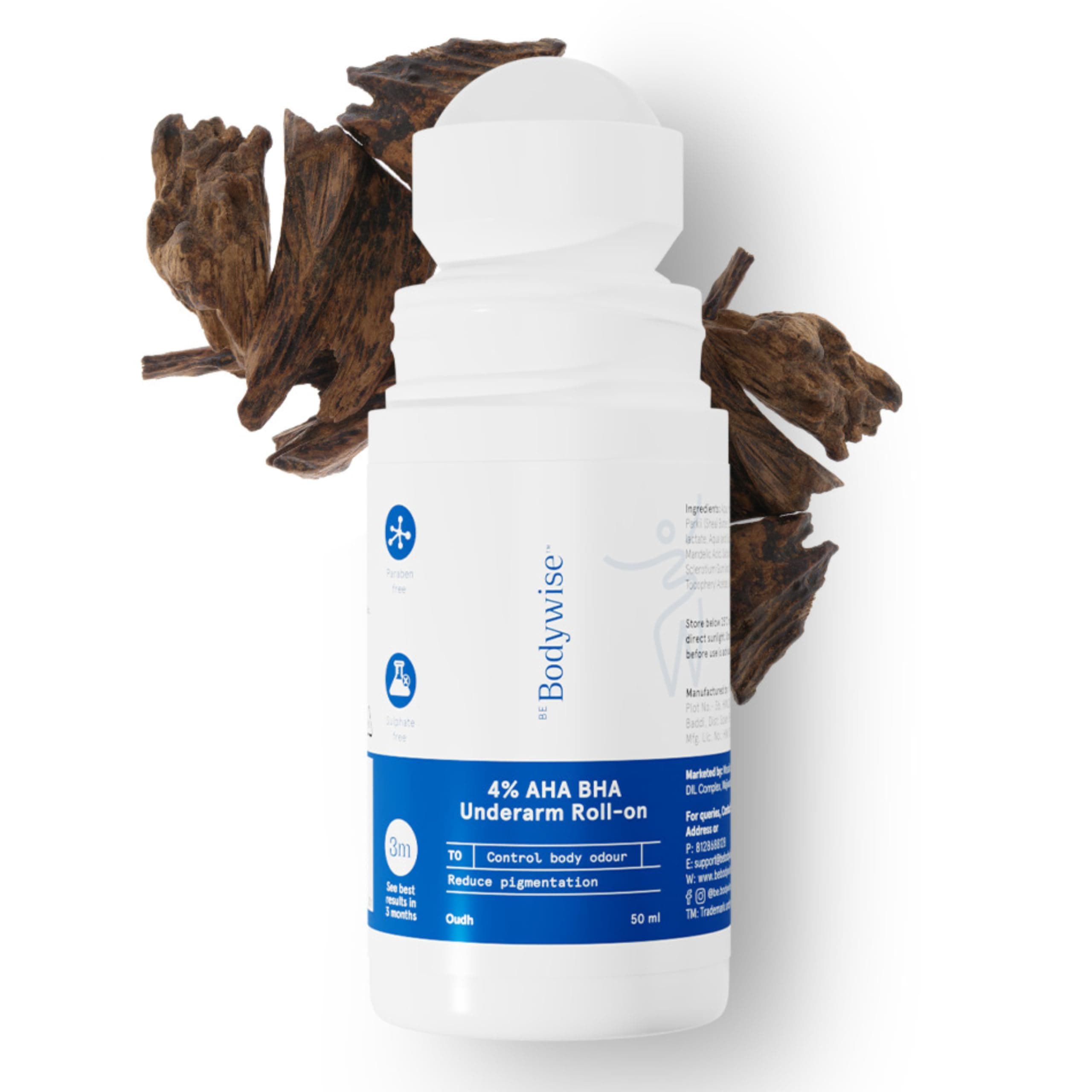 Be Bodywise 4% AHA BHA Underarm Roll-on for Even Tone Skin,Reduces Body Odor & Pigmentation | 2% Lactic Acid, 1% Mandelic Acid, 1% Salicylic Acid | 0% Alcohol & 0% Aluminium | Oudh Fragrance, 50ml
