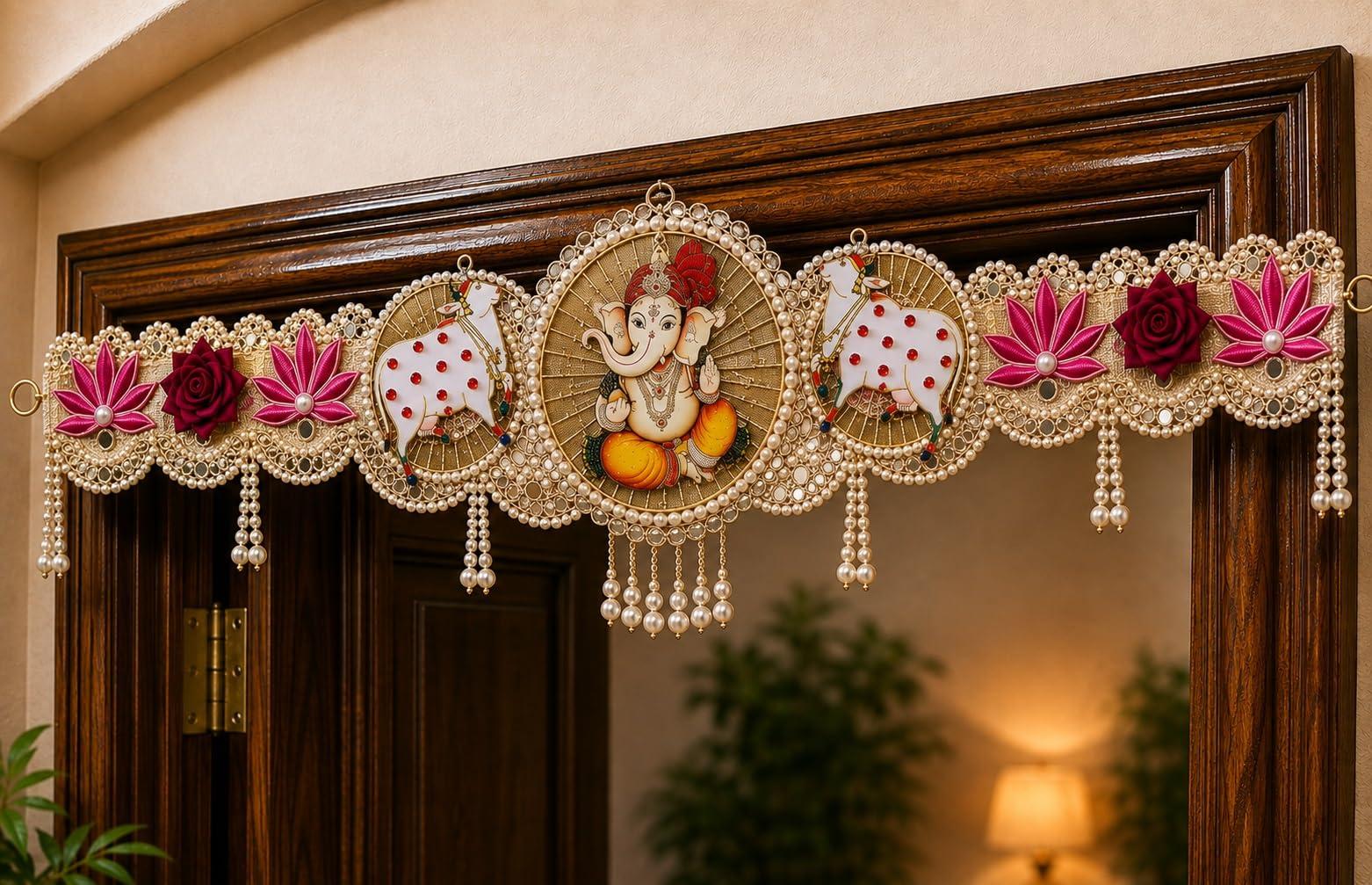 Khillayox Handmade Pearl Beaded Ganesh Door Toran/Bandhanwar for Main Door Entrance | Festive Wall & Door Decor for Diwali, Pooja, Housewarming & Wedding | 40 Inch