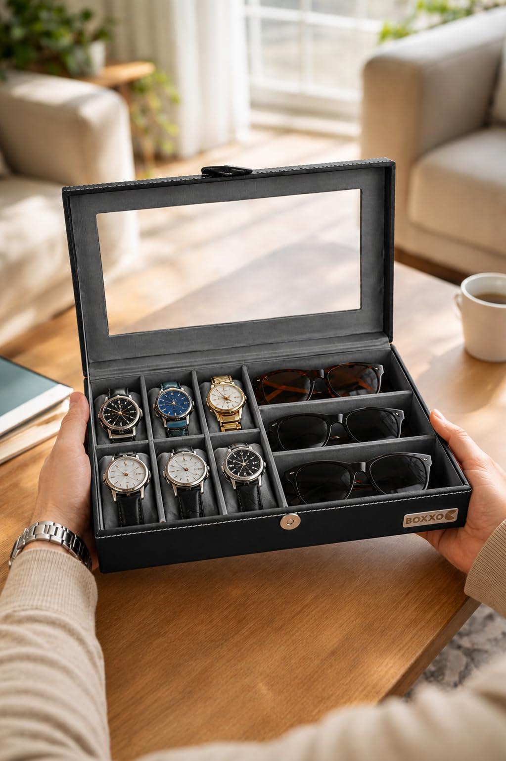 BOXXO Premium Organizer Box for 6 Watches & 3 Sunglasses – Elegant PU Leather Storage Case for Watches, Sunglasses & Accessories with Velvet Interior - 34x20x8cm (Black & Black, 9 Slots)