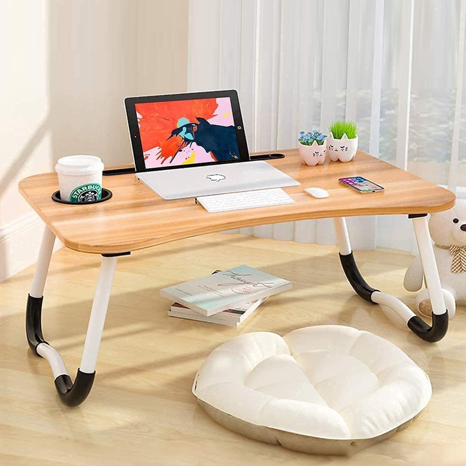 TEKCOOL Study Table Foldable Wooden Laptop Bed Tray Table, Multifunction Lap Tablet Desk with Cup Holder, Perfect for Eating Breakfast, Reading Book, Working, Watching Movie On Bed'