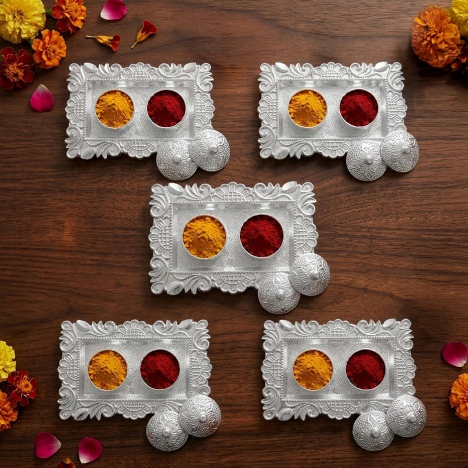 Ekhasa Haldi Kumkum Holder (Set of 5) for Pooja Return Gift for Ladies | Silver Colour Kumkum Container with Lid | Tambulam Favor for Women |Housewarming, Baby Shower, Festival, Wedding Return Gifts