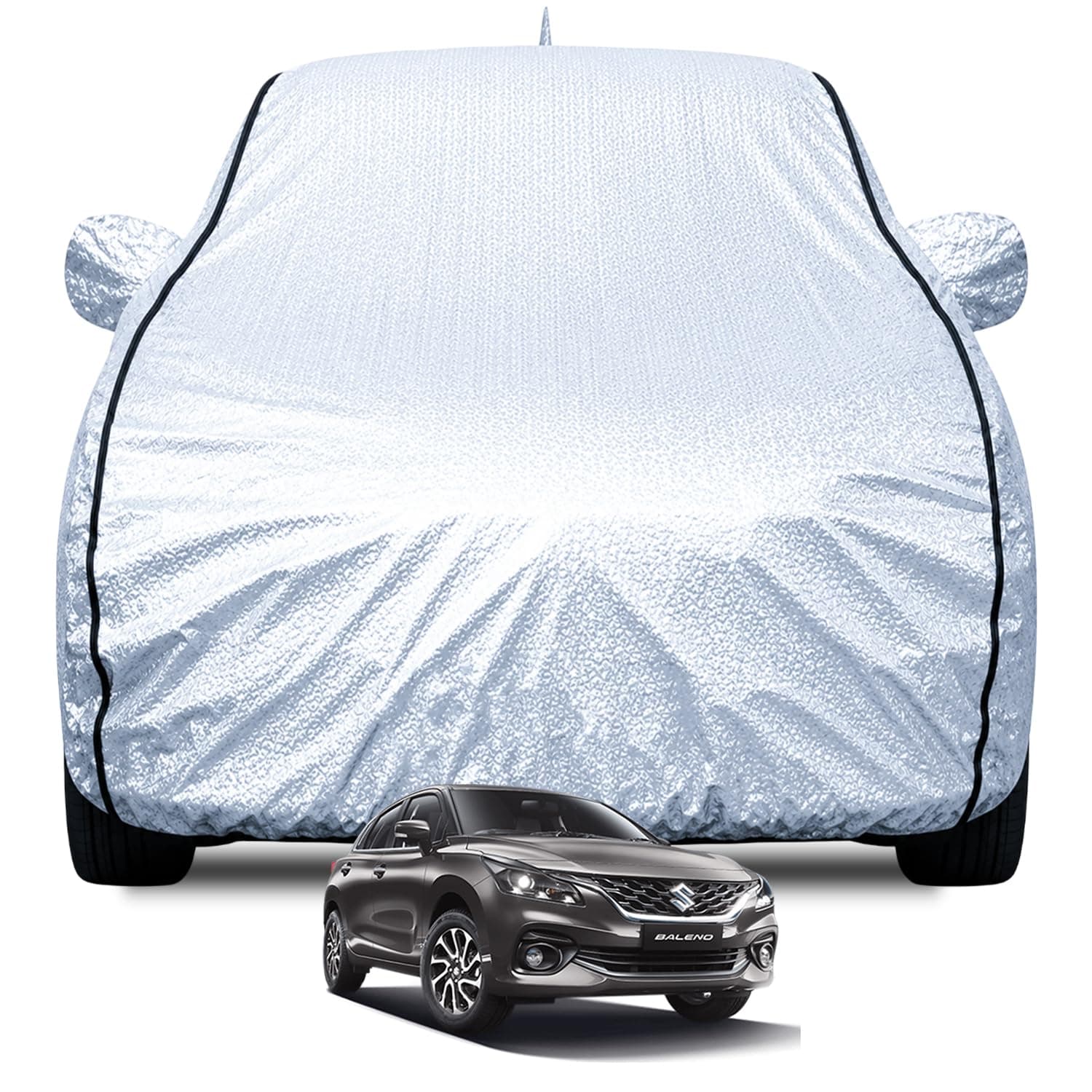 FABTEC Waterproof Car Body Cover for Maruti Baleno with Mirror and Antenna Pocket, Soft Cotton Lining, Triple Stitched (Heat Resistant Metallic Silver with Black Piping)