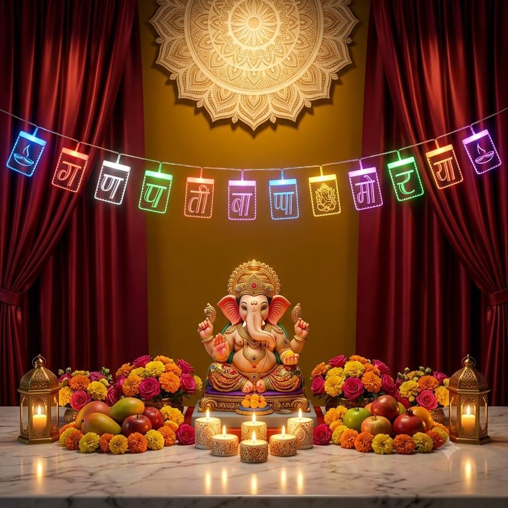 ZALAR Magic Text Light Ganpati Bappa Morya Multi LED String Light with 12LED for Indoor Festive Decoration