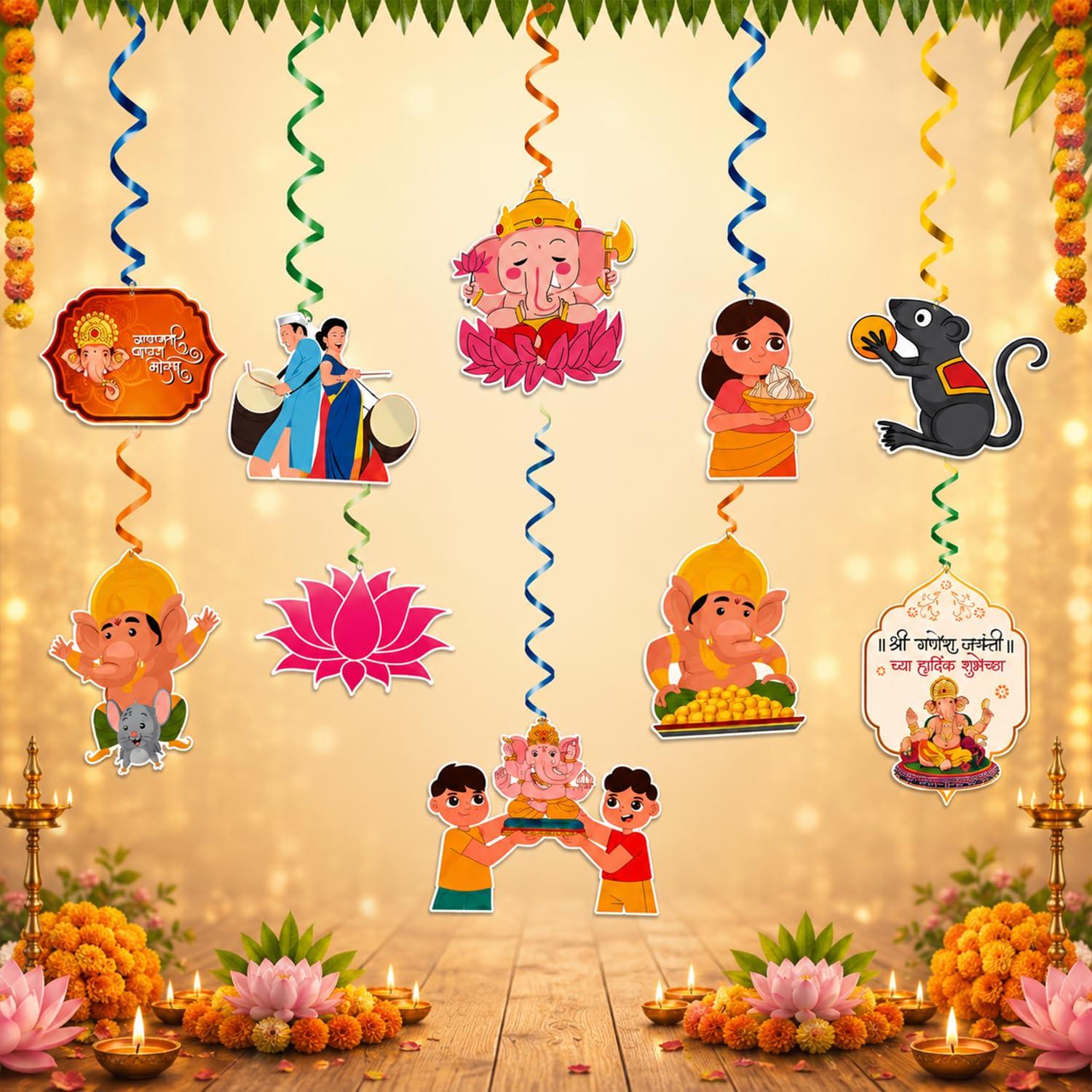 TIED RIBBONS Set of 10 Ganesh Chaturthi Hanging Props for Decorations | Ganpati Theme Cutout DIY Ceiling Hanging Party Décor Kit | Festival Home, Office & Pooja - Decoration Item for Home Décor