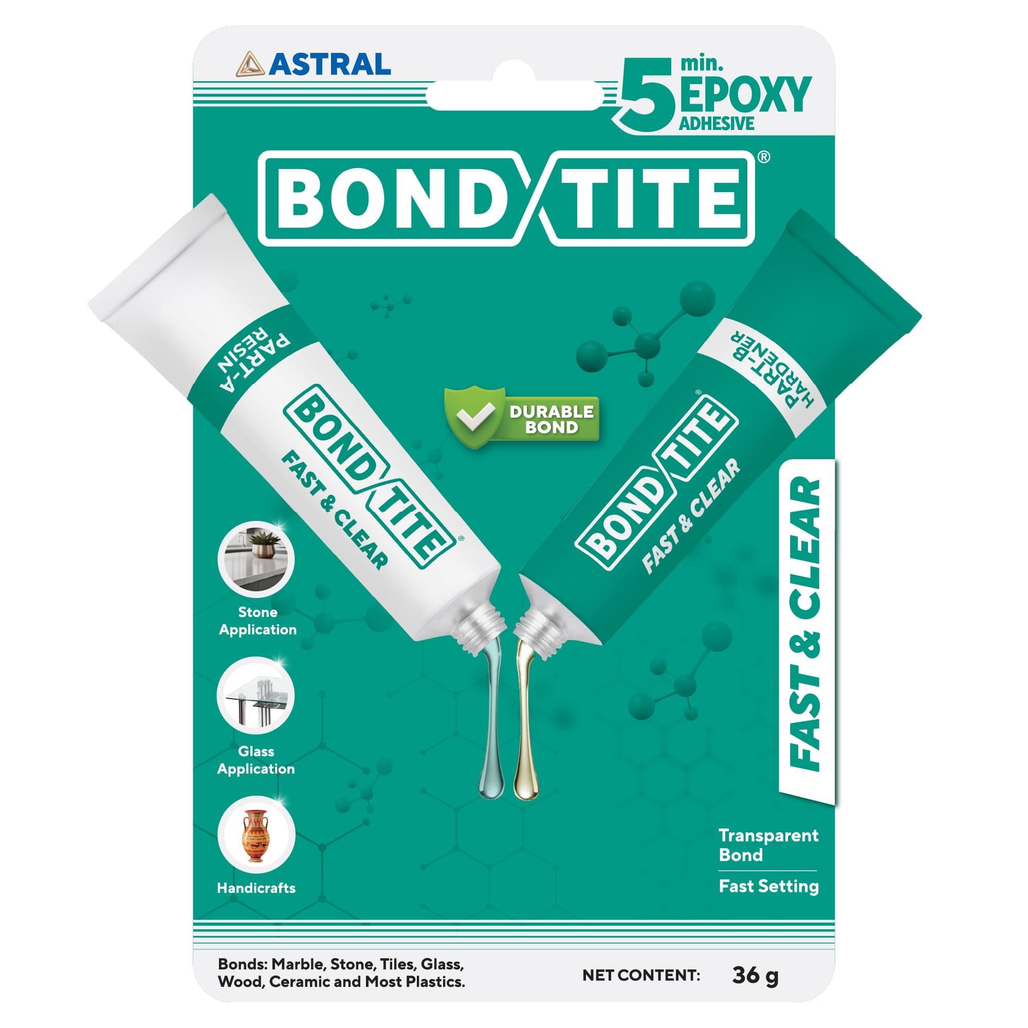 Fast & Clear Tube 36g | 5-Min Quick Setting | Transparent, Odourless, High-Strength Two-Component Adhesive for Glass, Marble, Tiles, Wood & DIY Repairs