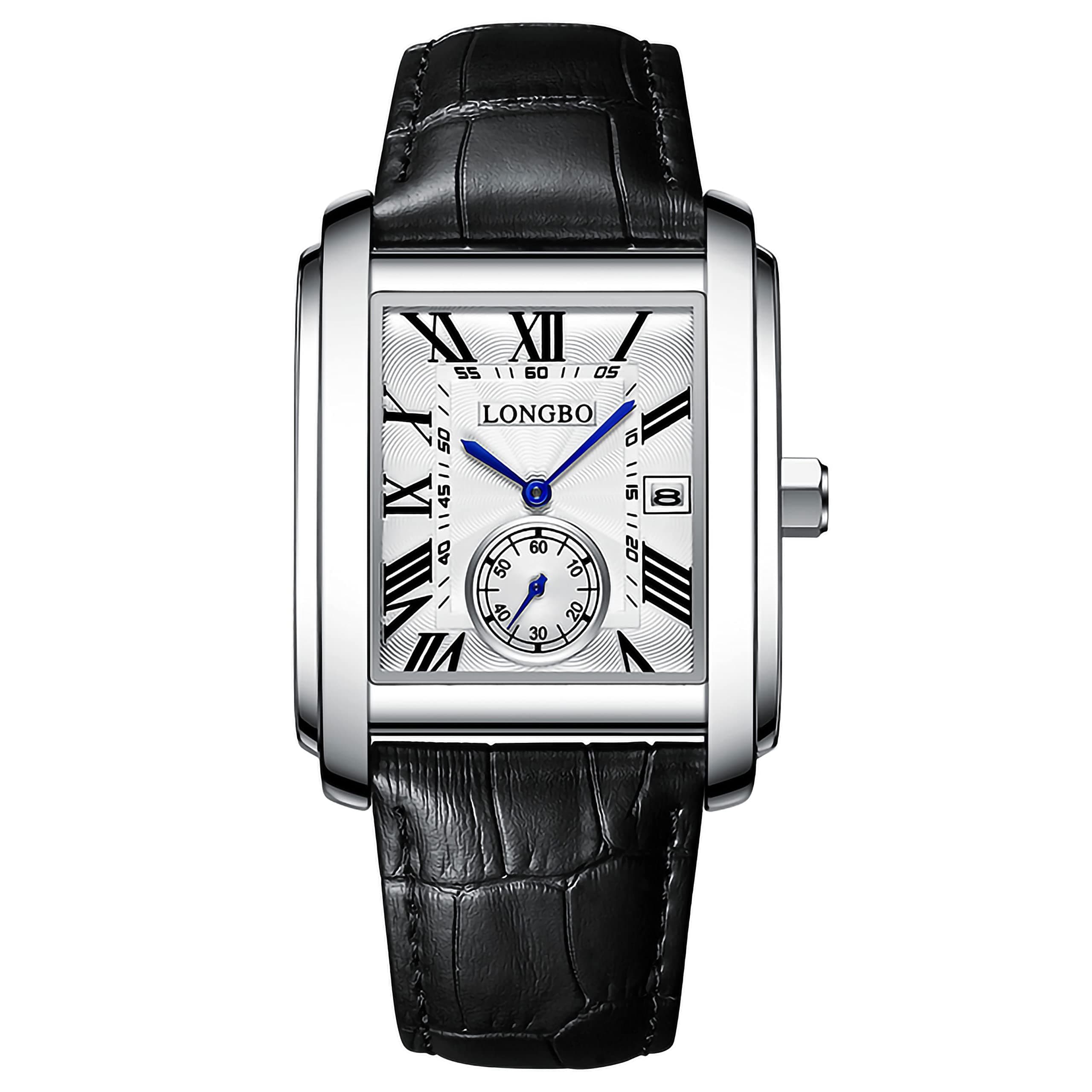 LONGBO Mens Rectangular Shape Alloy Case Business Casual Genuine Leather Strap Watch with Seconds Subdial | Calendar Date | Scratch Resistant Waterproof | (White Dial Black Colored Band)