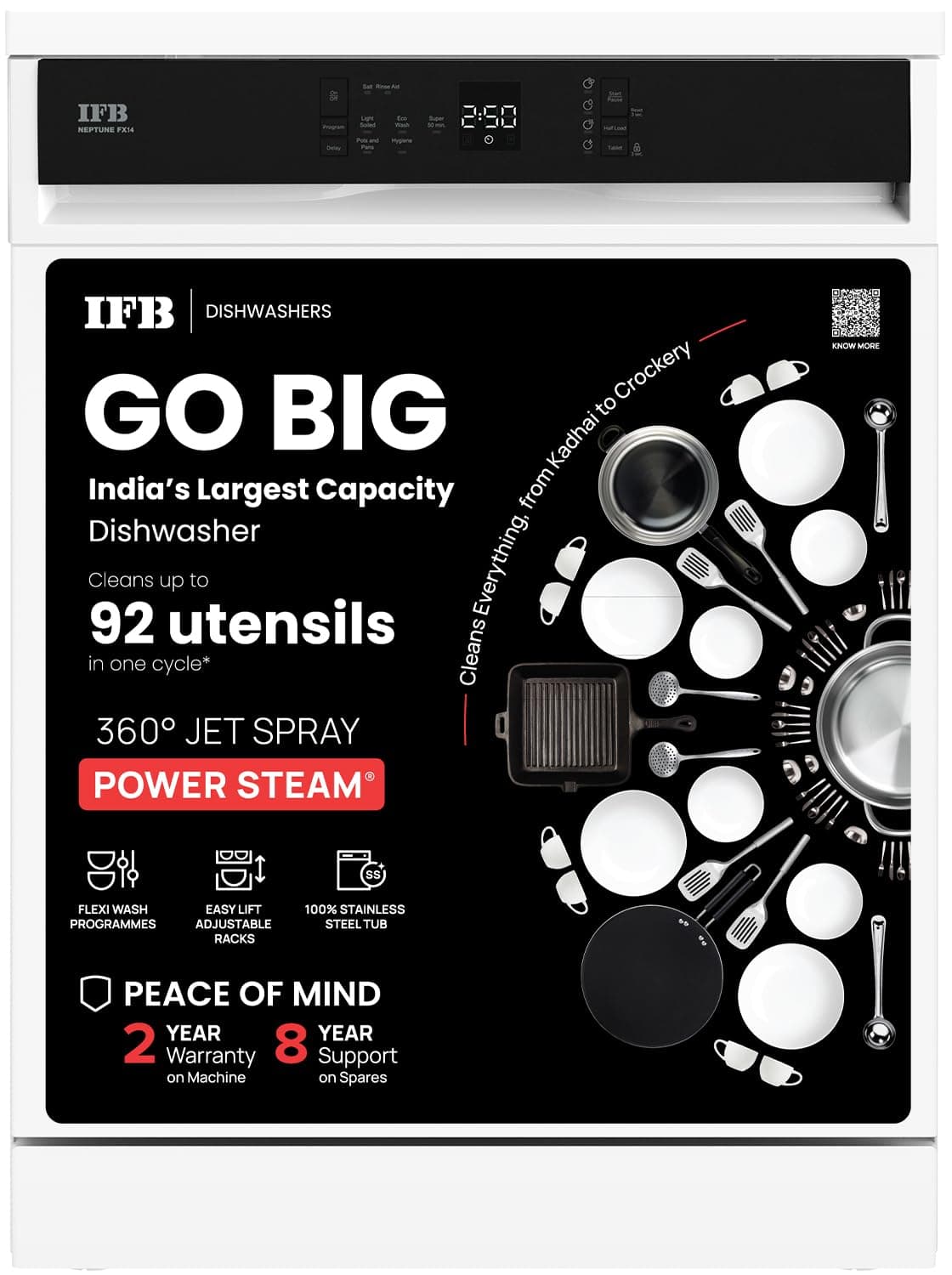 IFB 14 Place Settings (fits up to 80 utensils) with DeepClean® Technology Freestanding Dishwasher (Neptune FX14, White, 70° Hot Water Wash with Hygienic Steam Drying, Perfect for Indian Utensils)