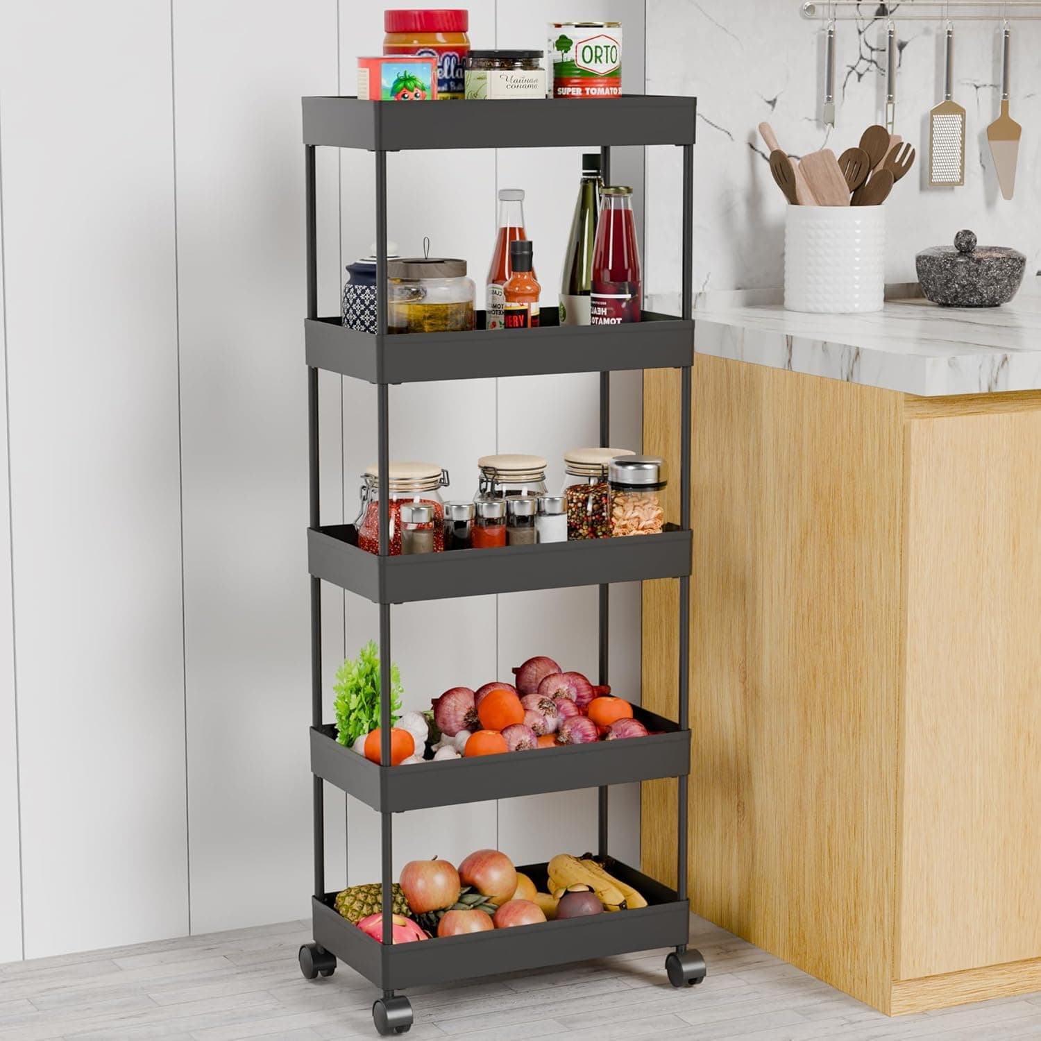 TEKCOOL Plastic Storage Rack for Bedroom/Shelf for Bedroom/Bathroom Storage Rack/Trolley for Kitchen Storage/Multipurpose Storage Rack (Black, 5 Layer)
