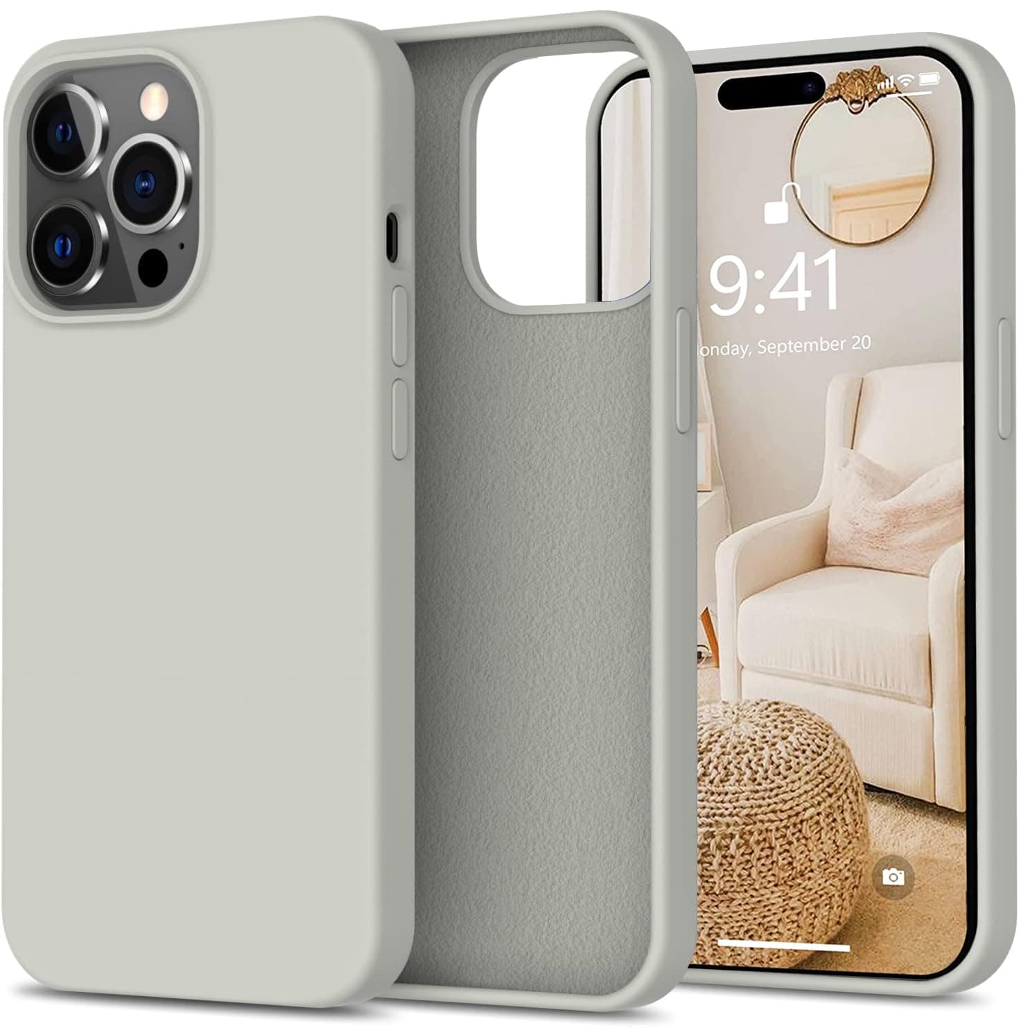DIZORO® Silicone Back Case for iPhone 14 Pro, Soft-Touch Phone Microfiber Silicone Back Cover for iPhone 14 Pro - Stone
