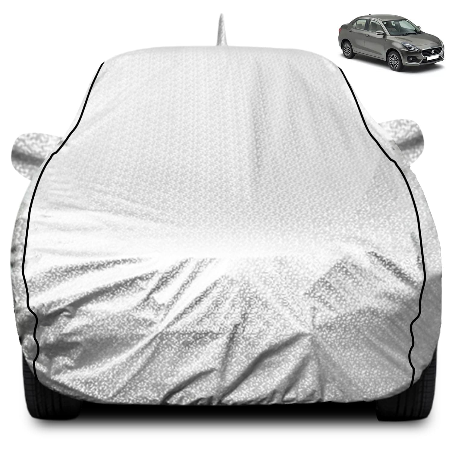 FABTEC Waterproof Car Body Cover for Maruti Dzire (2017-2023) with Mirror and Antenna Pocket, Soft Cotton Lining, Triple Stitched (Heat Resistant Metallic Silver with Black Piping)