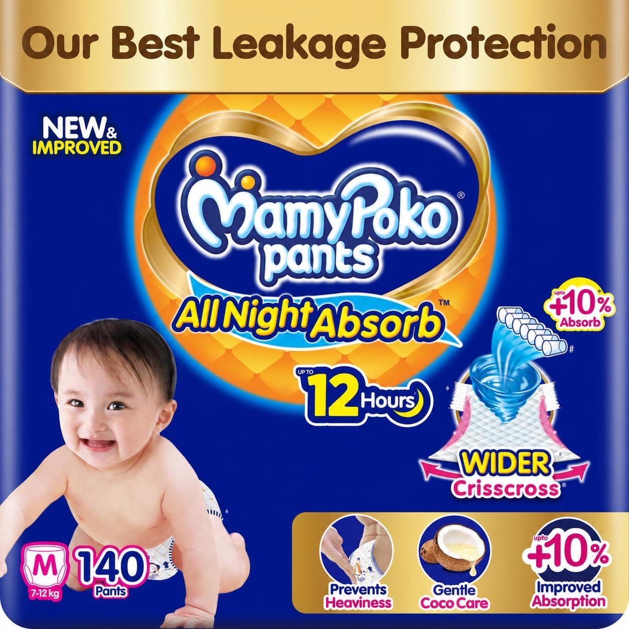 Mamypoko pants All night absorb| Pant Style Baby Diapers Medium Size(M), 140 Count, (70*2)vIdeal for 7-12Kgs|1 Diaper= Upto All night Absorption|Wider Crisscross Sheet|Gentle Coco Care| 12hr Leakage Protection| Prevents Heaviness.