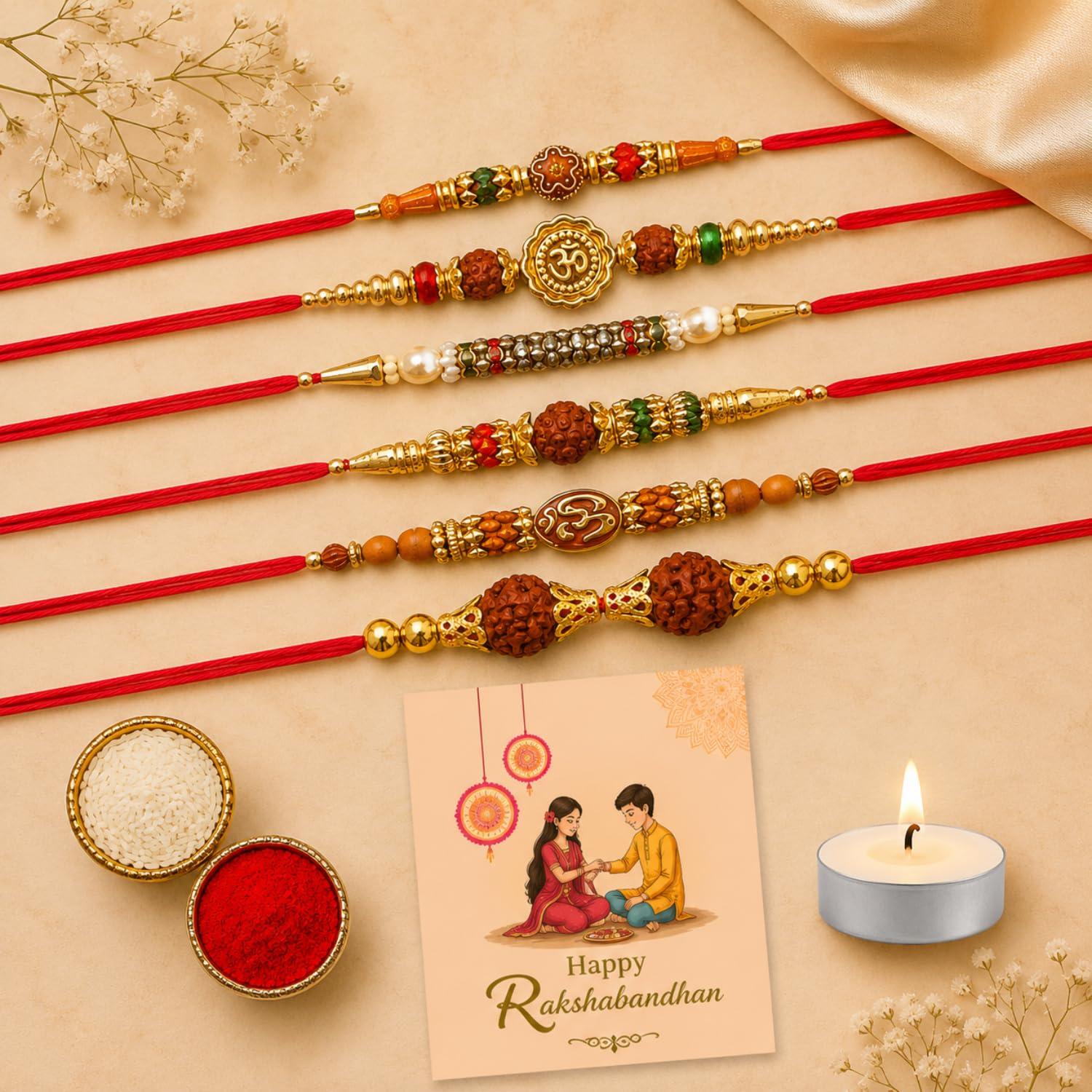 DRYPHON Combo Rakhi Set for Brother and Bhabhi |Set of 6 Premium Mauli Thread Rakhi Set with Roli Chawal Tilak Set and Greeting Card | Rakhis for Rakshabandhan with Tealight Candle for Aarti (NR601)