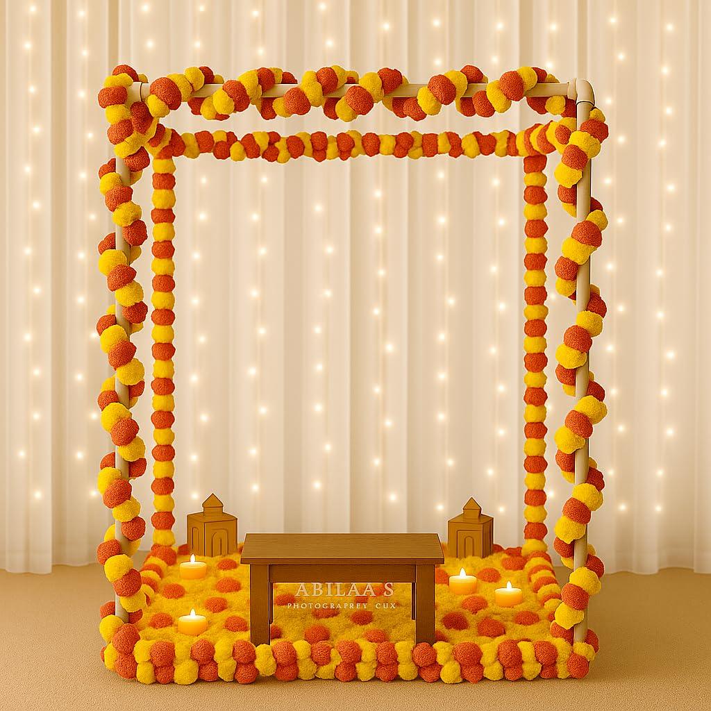 Treewing 25Pcs Pooja Decoration Mandap Tent Pandal with Marigold Garlands for Ganesh Chaturthi Home Decor Cubical Mandap | Ganesh Chaturthi/Durga Pooja/Janamshtami (MIX (Yellow+Orange), 20Inch)