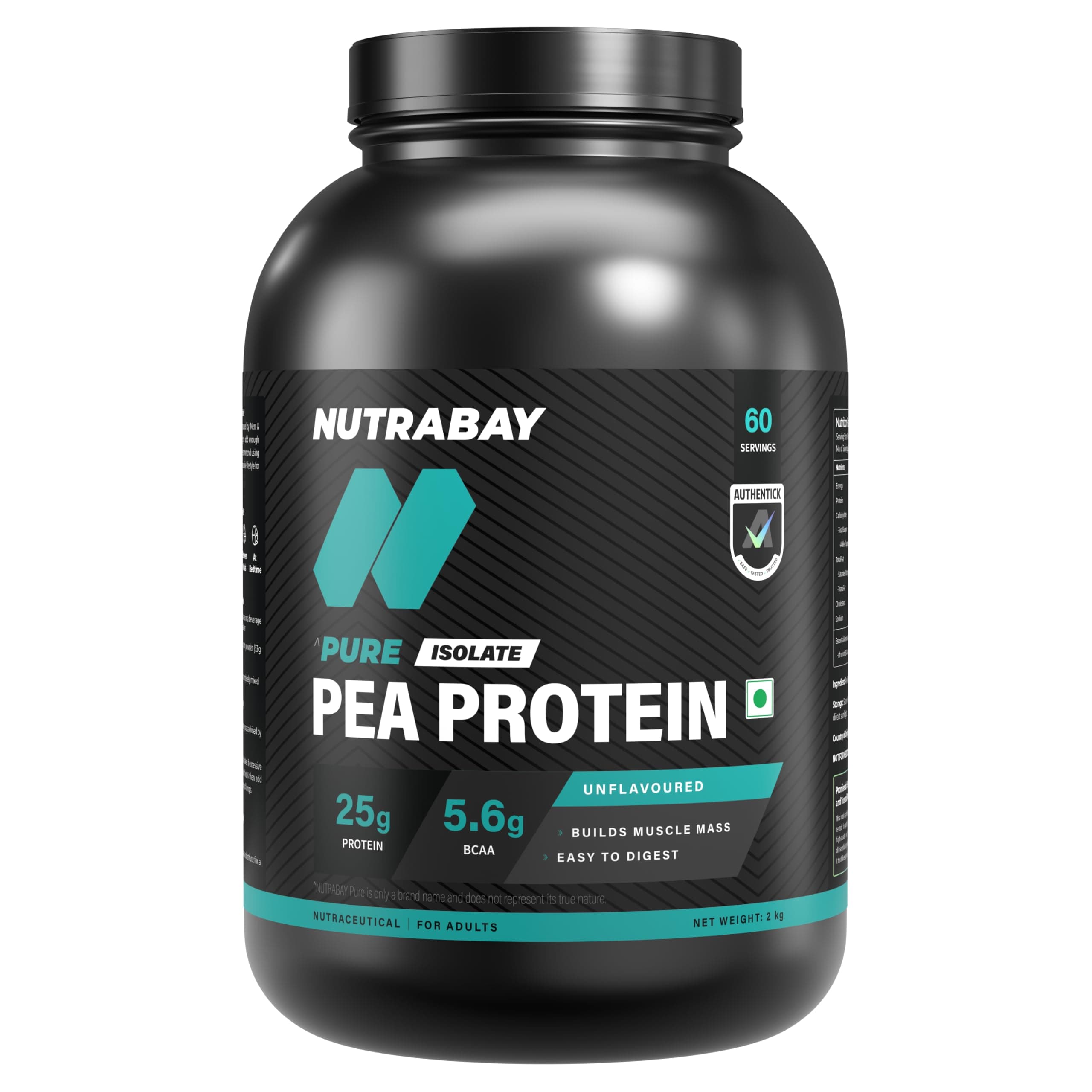 Nutrabay Pure Pea Protein Isolate | 25.3g Protein, 4g BCAA| 1 Ingredient | Easy to Digest Plant Protein for Muscle Growth & Recovery | No Sugar - 2 Kg Unflavoured, 60 Servings
