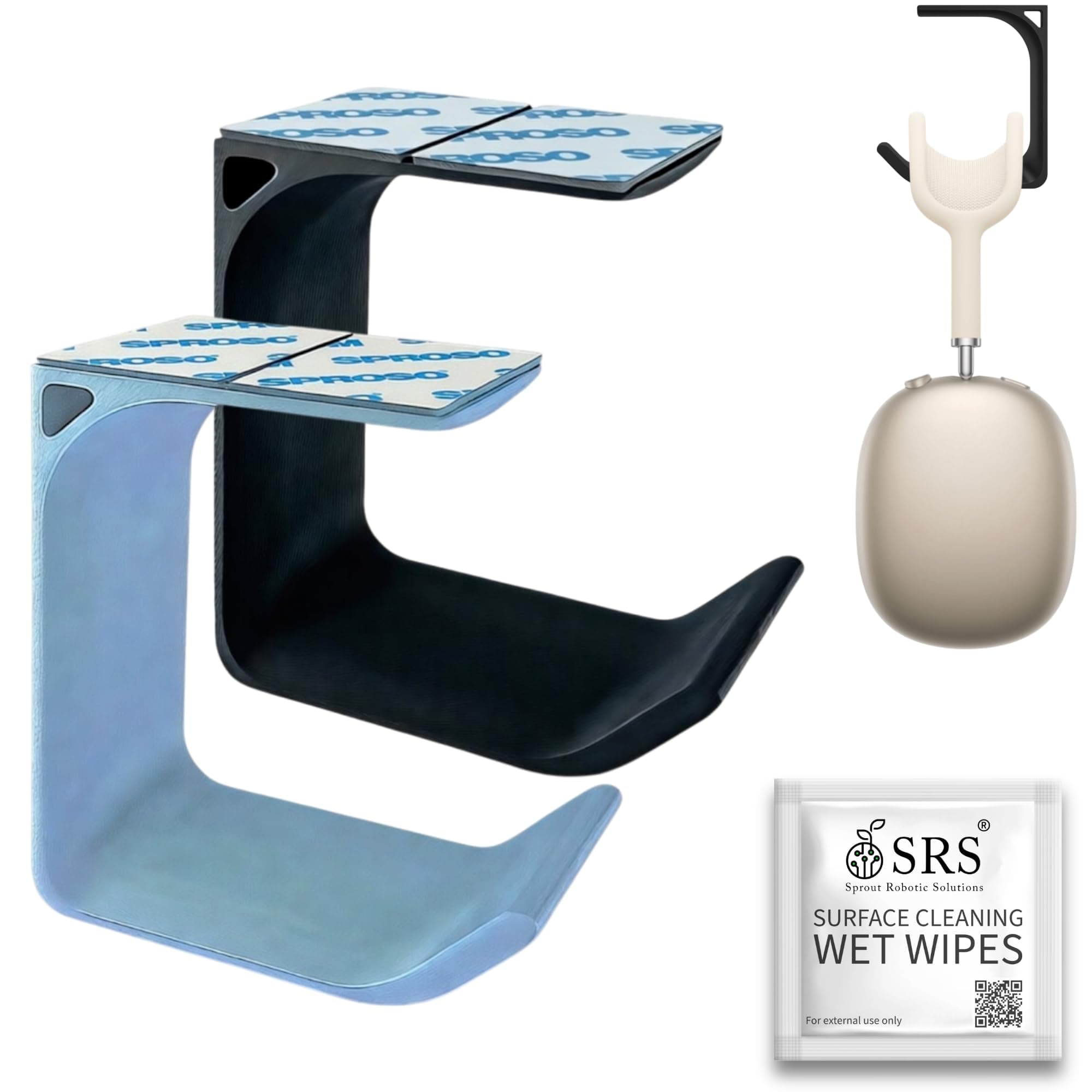 SPROSO Headphone Stand Holder | Under Desk Hook & Cable Organizer | Stick-On Adhesive | Superior-Grade ABS | Includes Surface Cleaning Wipes for Easy Setup & Organization (Pack of 2, Black Silver)