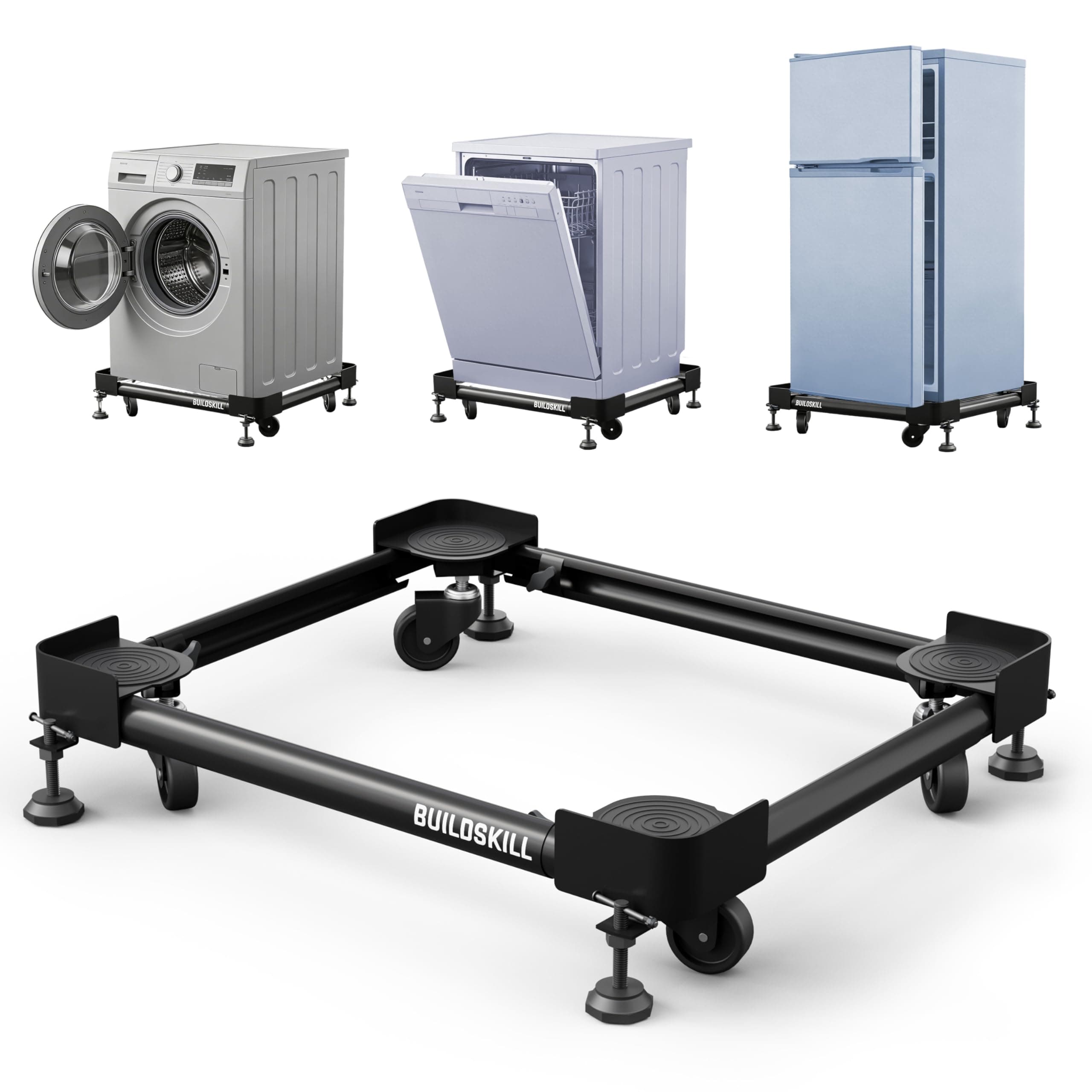 BUILDSKILL Full Metal Washing Machine Stand | 360° Rotating Wheels | Anti-skid Rubber Pads | Compatible with Front & Top Load 7kg-10kg, Refrigerators, Dishwashers, Room Coolers | 160Kg Load Capacity