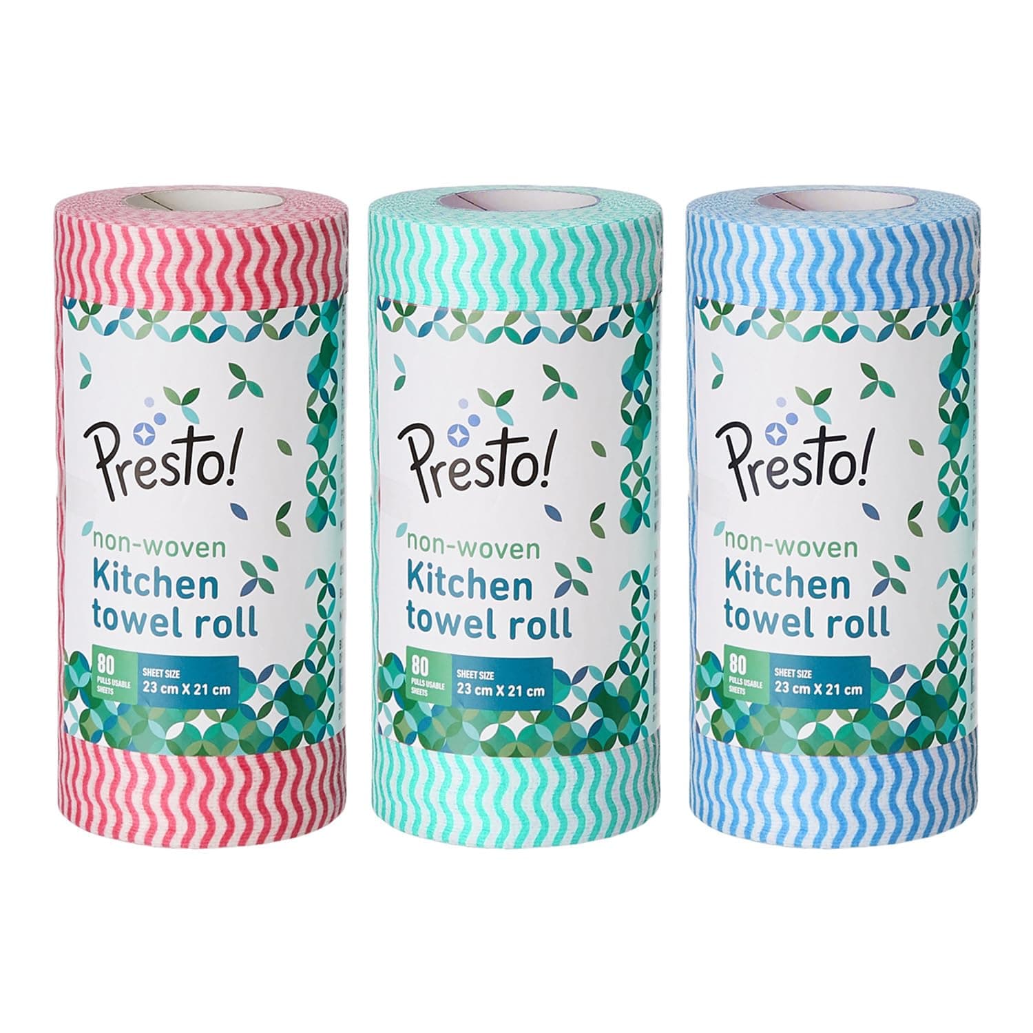 Amazon Brand - Presto! Non-Woven Kitchen Towel Roll | 80 Pulls (Pack of 3) | Size: 23 x 21 cm | Wavy Pattern (Red, Blue & Green) | Washable and Reusable | Highly Absorbent | For Daily Use