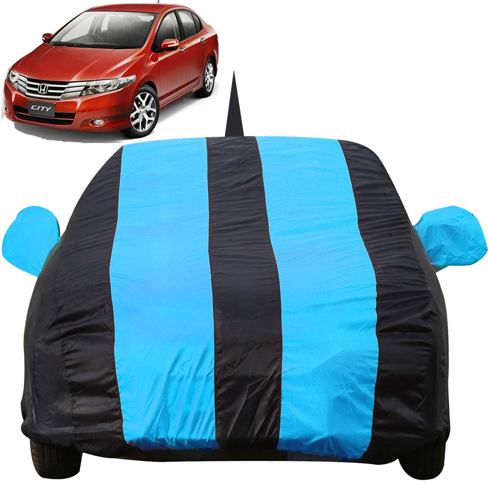 Autofact Car Body Cover for Honda City Ivtech (2009 to 2013) with Mirror and Antenna Pocket (Light Weight, Triple Stitched, Heavy Buckle, Bottom Fully Elastic, Teak Blue Stripes with Navy Blue Color)