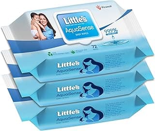 Little's AquaSense Baby Wipes | Made of 99.9% Purified water | Unscented | 100% Biodegradable | Plant-based Active | Pack of 3 x 72 Count | Aloevera | Pure Water Wipes for Sensitive Skin