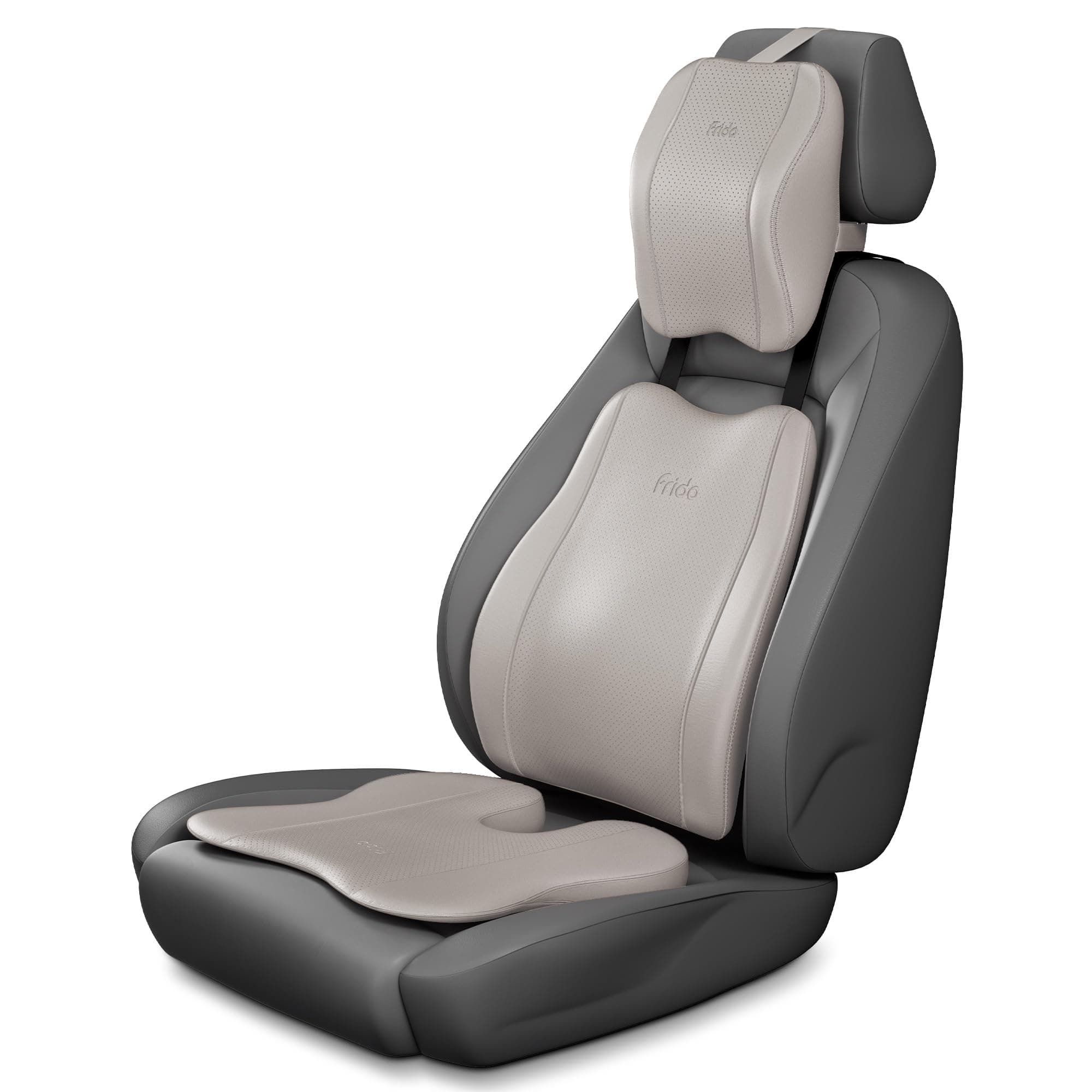 Frido Premium Car Comfort Bundle with Memory Foam Neck Rest, Lumbar Backrest and Wedge Seat Cushion Set of 3, Ergonomic Neck Back and Tailbone Support for Long Drives and Daily Commutes | Ivory