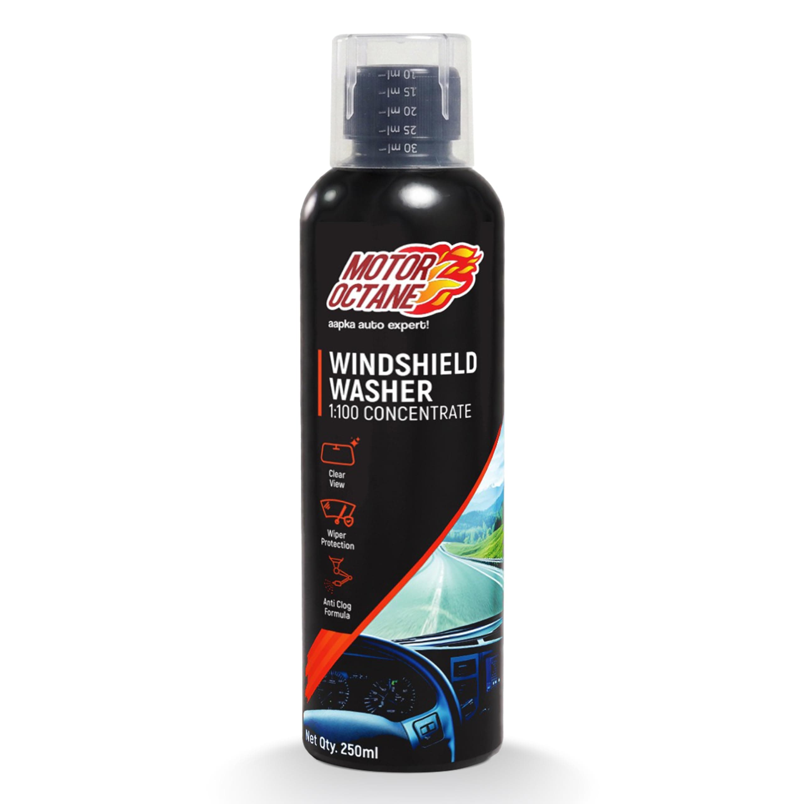 Windshield Washer Fluid Concentrate | 250ml (275g) | Streak-Free Glass Cleaning | Removes Dust, Bugs & Grime | 10ml Dilution per 1L Water | Safe for Wipers & Car Glass | With Measuring Cap