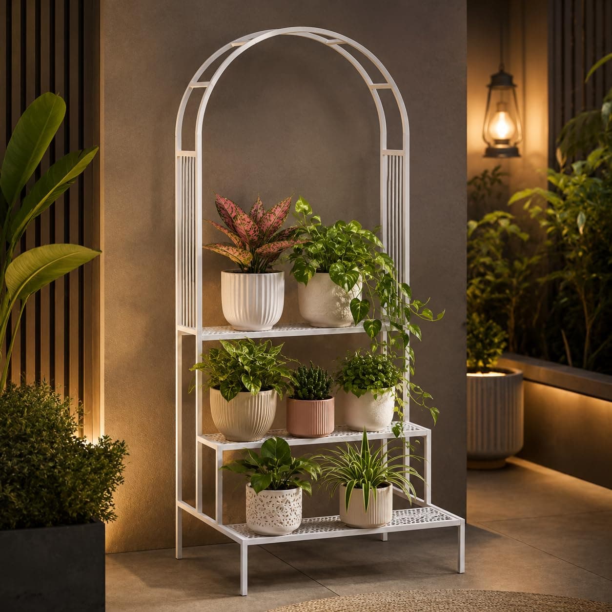 ecofynd Arbow Arc Plant Stands for Outdoor Balcony, Flower Pot Stand for Indoor Plants, Large Metal Planter Stand for Living Room, home decor, Indoor & Outdoor plants, 4 Tier, (White)