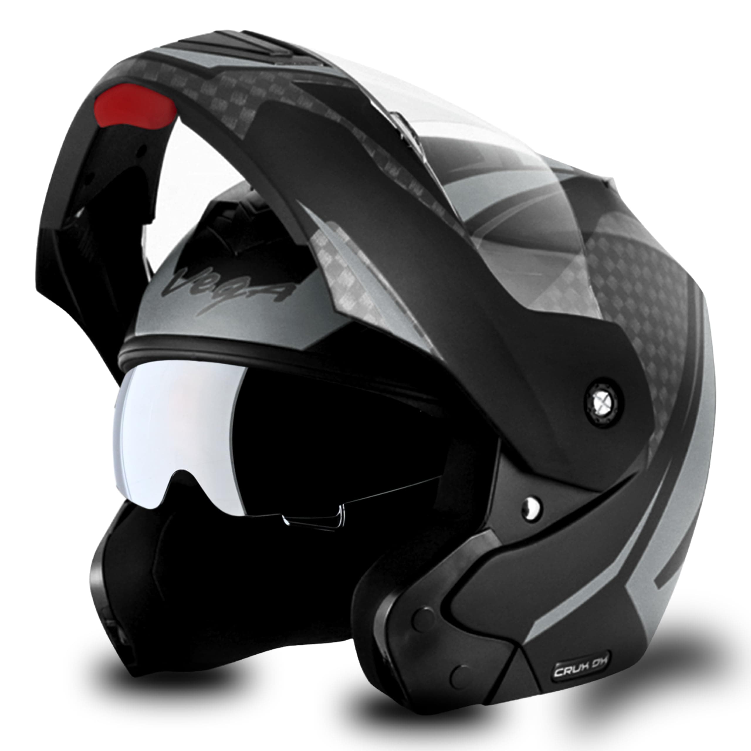Crux Dual Visor Full Face Helmet with Checks Design Scratch-Resistant Visor-Dull Black Silver,M