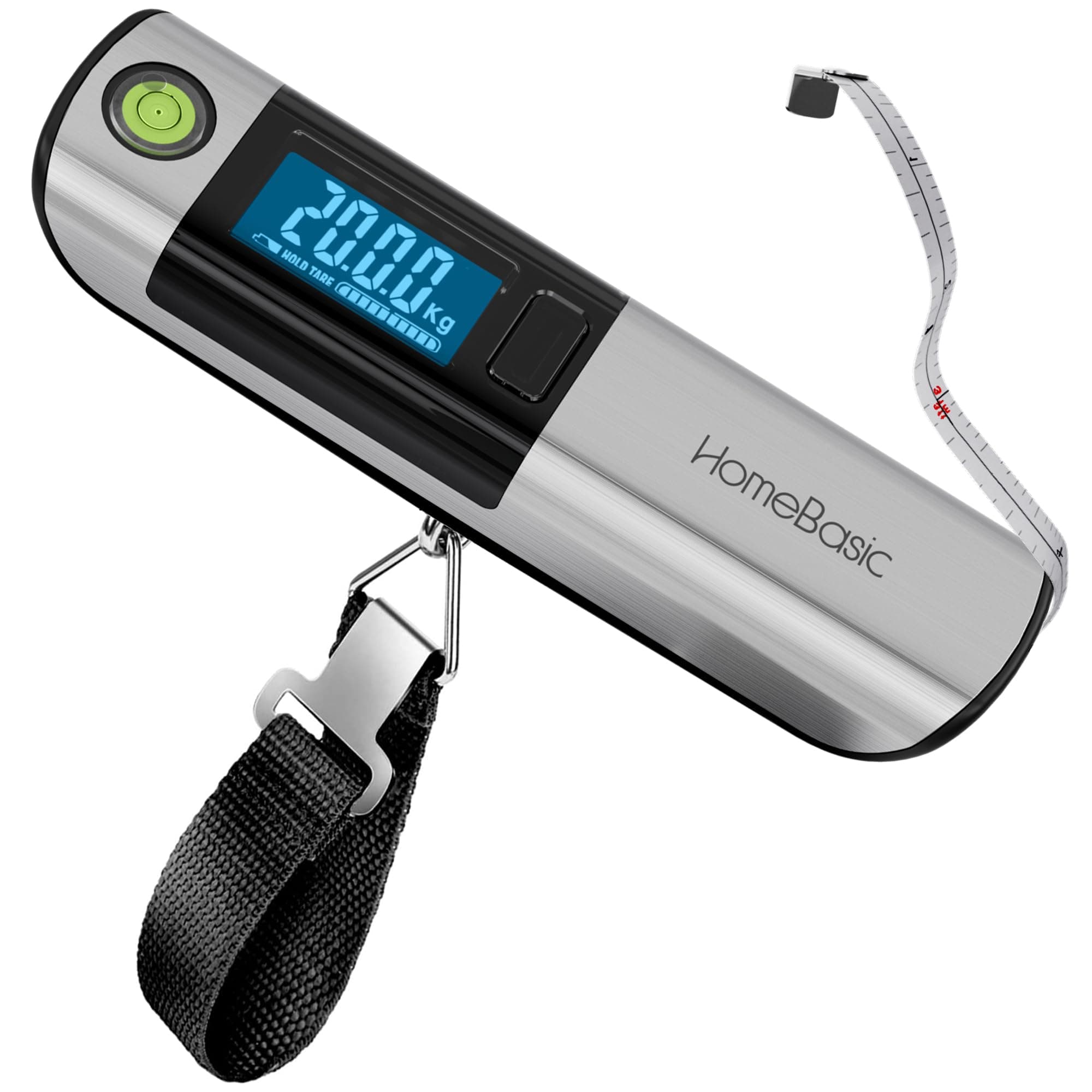 HOMEBASIC Digital Luggage Weighing Scale 50kg with 1M Measuring Tape, Backlit LCD, Kg/Lb/Oz, Weight Machine for Luggage Bags, Travel Flights, Overweight Alert, Level Bubble, Auto-Off (HB-LS200)