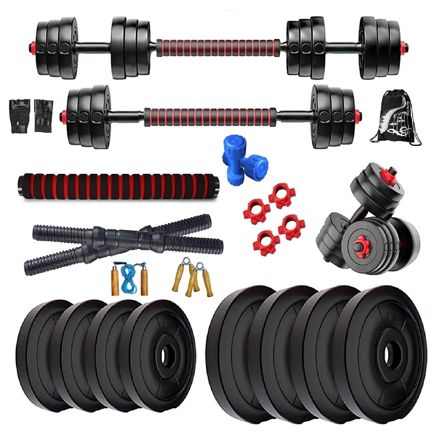 Bodyfit Dumbles Gym Set, Home Gym Weight Plates + 3in1 Extension-Convertor Rod, New Star Dumbbell Rods Pair, Strength Training Exercise Set, 1kg Pvc Dumbbell. (20kg Weight Plates)