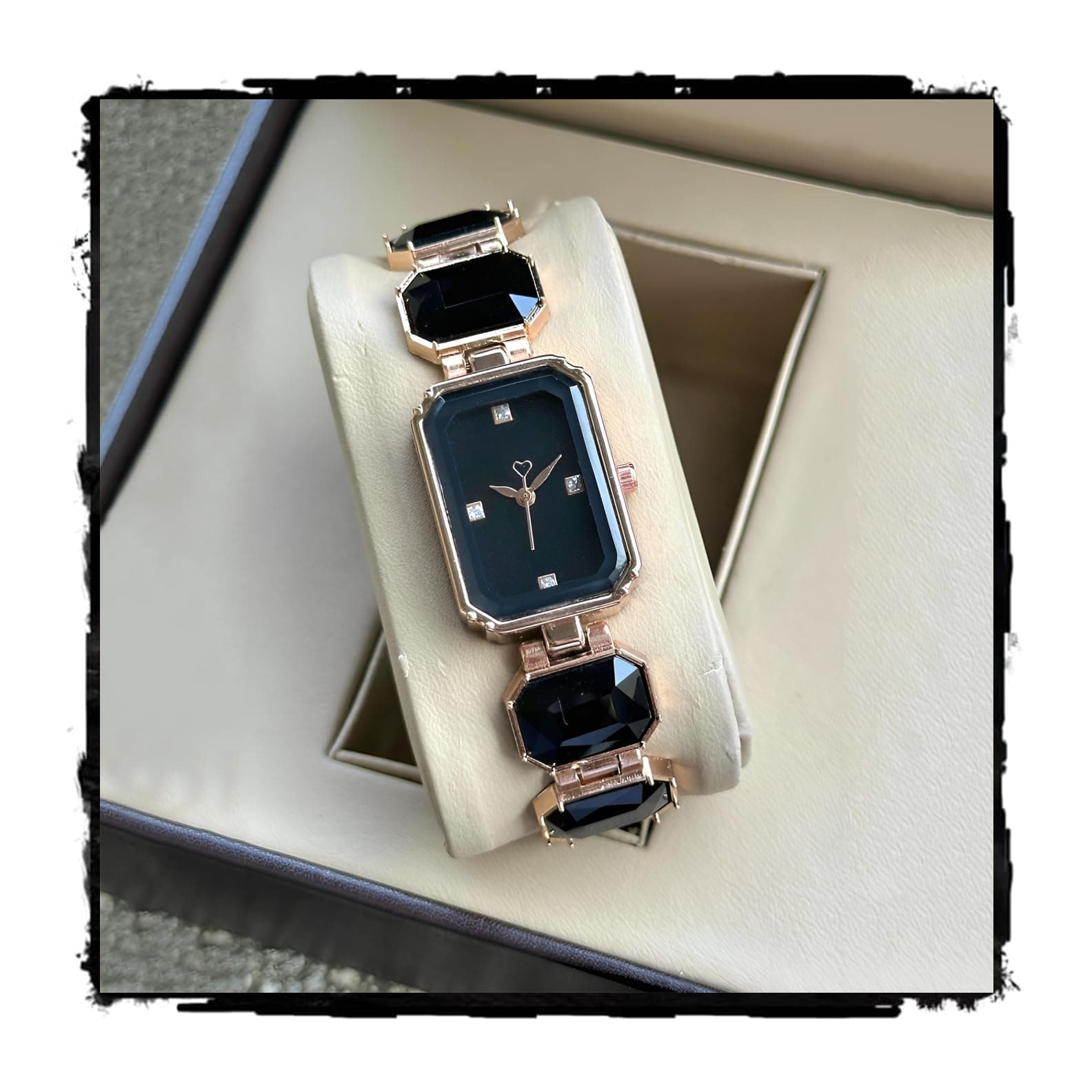 styledose Luxuria Women’s Rose Gold Analog Watch – Emerald-Cut Black Gemstone Bracelet Watch with Heart-Tipped Hands and Diamond-Studded Dial – Elegant Jewelry Watch for Girls & Ladies (Black)