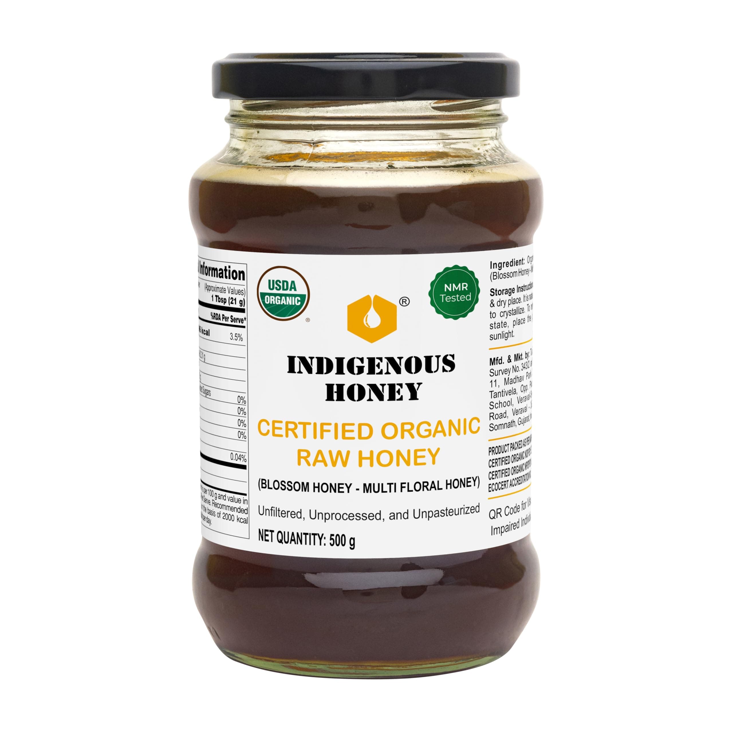 INDIGENOUS HONEY Raw Organic Honey NMR Tested NPOP Organic USDA Certified Pure Natural Unprocessed Original Honey - 500 g Glass Jar (Pack of 1)