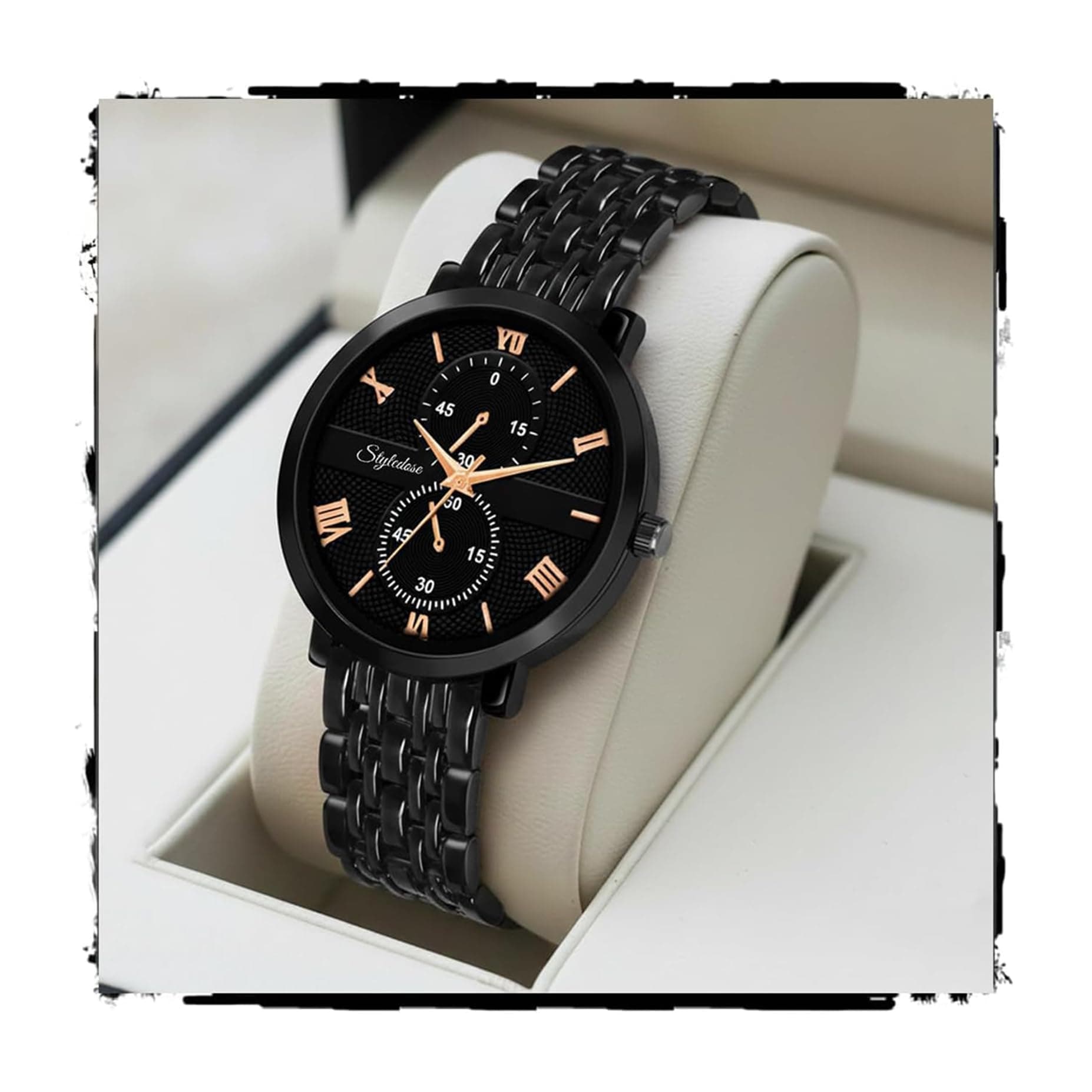 styledose Women's Luxury Black Analog Watch – Rose Gold Roman Numerals with Stylish Metal Chain Strap Wrist Watches for Women's & Girls&Miss&Ladies (Black)