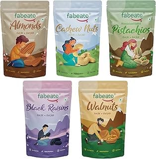 Fabeato Dry Fruits & Nuts Combo (200g x 5) Almonds,Cashews,Pistachios,Walnut Kernels,Seedless Black Raisins